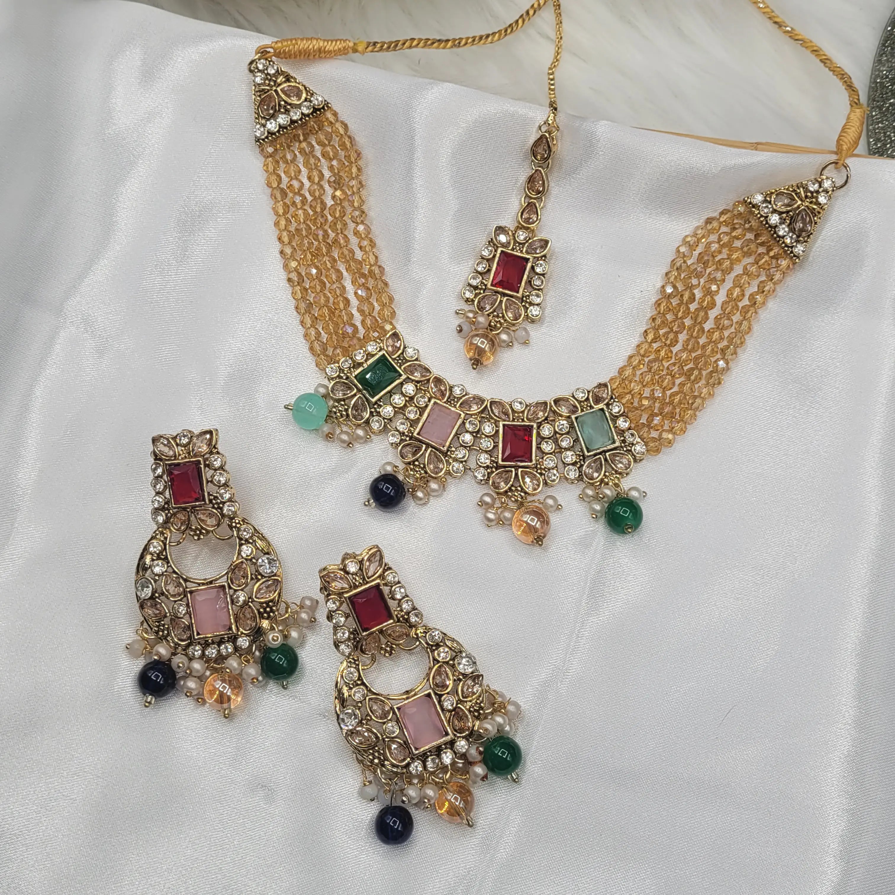 Full Firdous multicolor set with earrings, tikka, and necklace