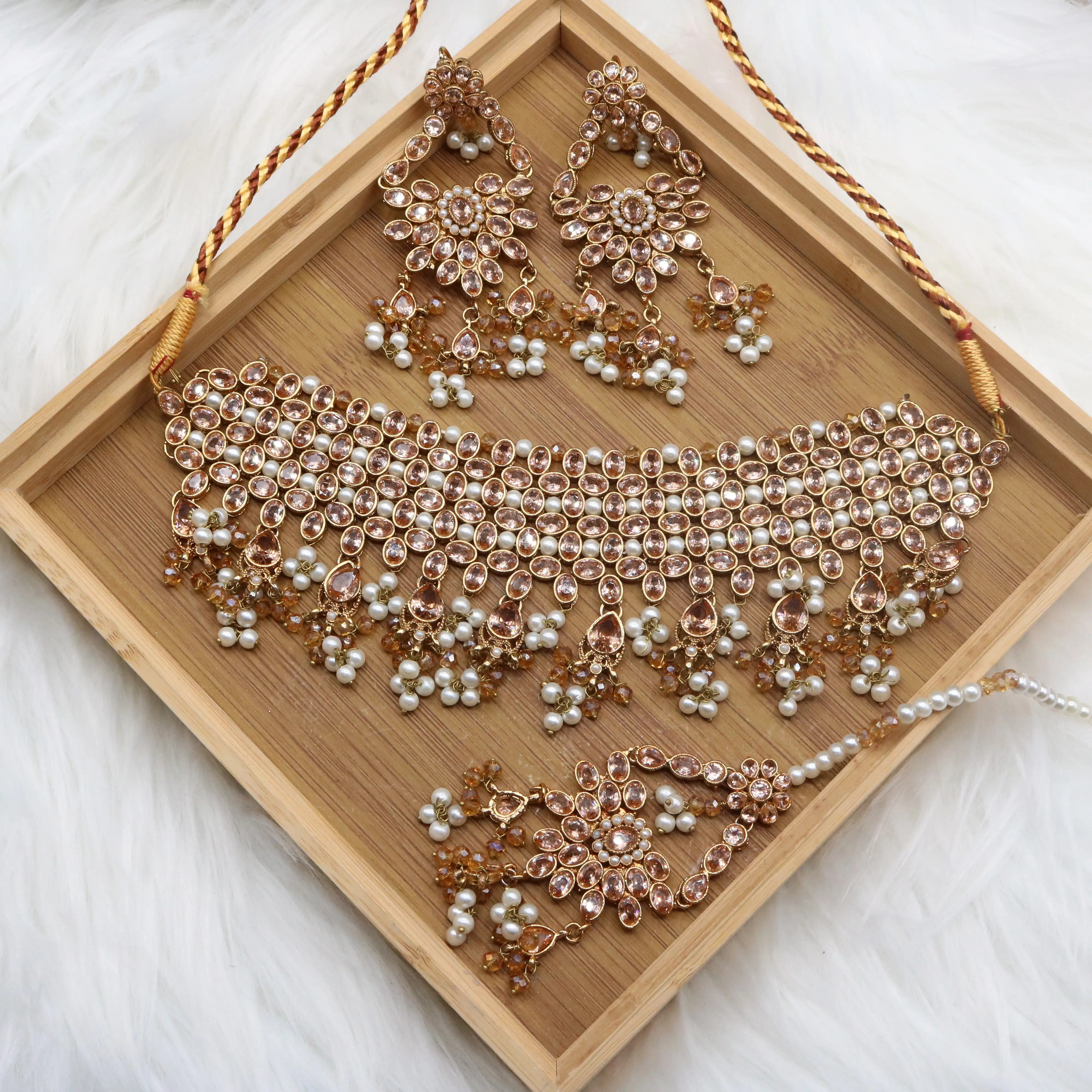 Champagne bridal choker necklace set with earrings and teeka in stainless steel