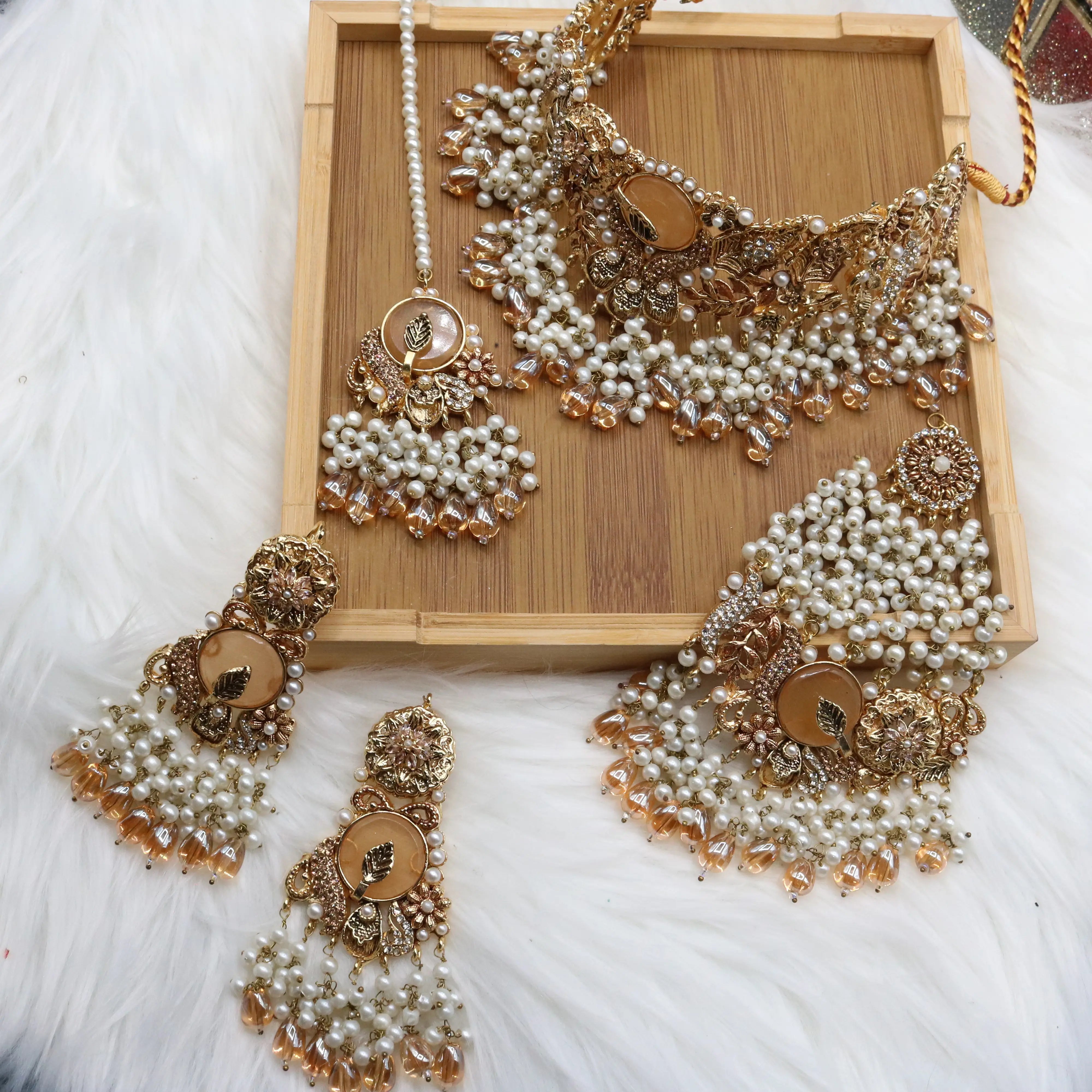 Gold pearl and champagne bridal choker set with jhoomer