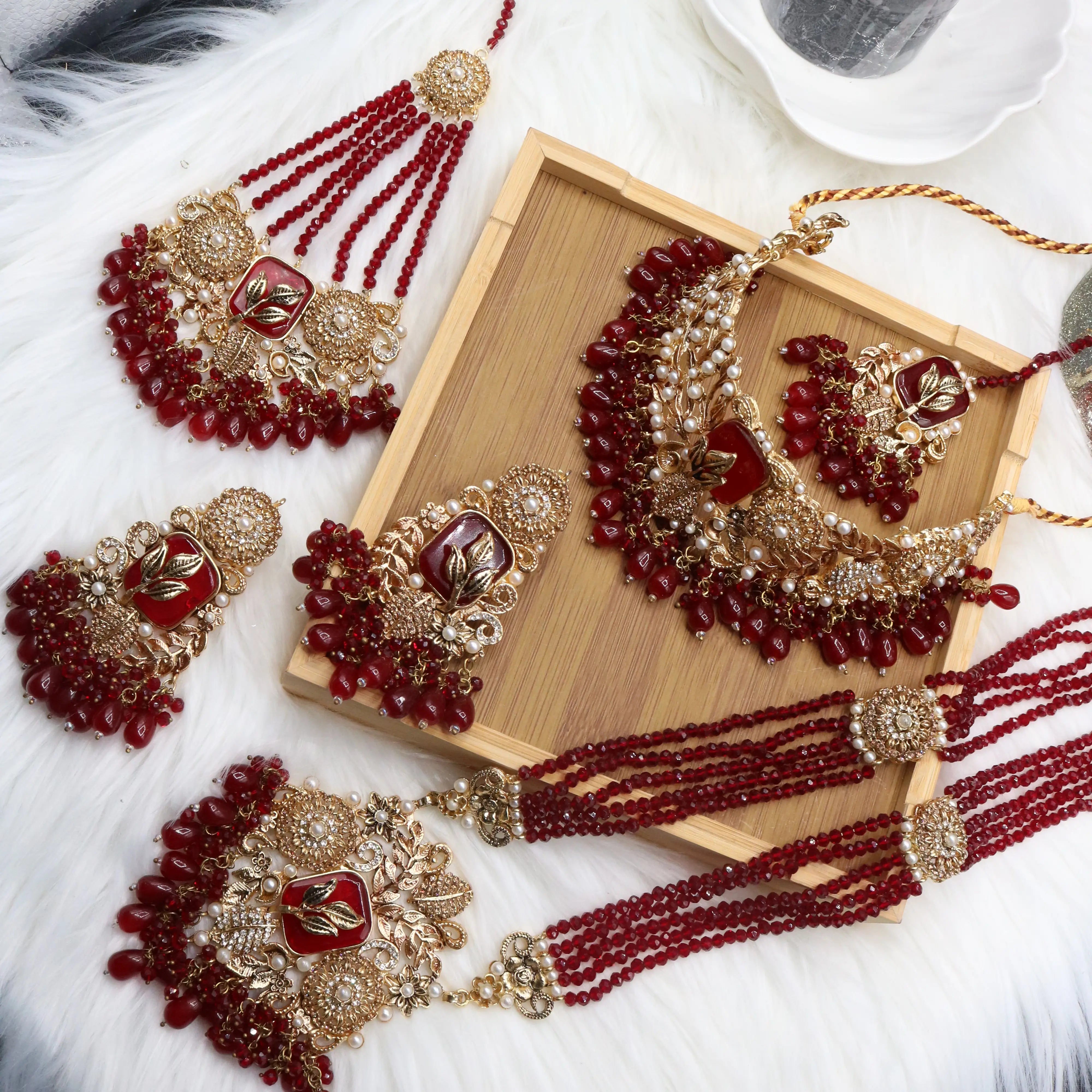 Pakistani Red bridal choker necklace with matching mala set