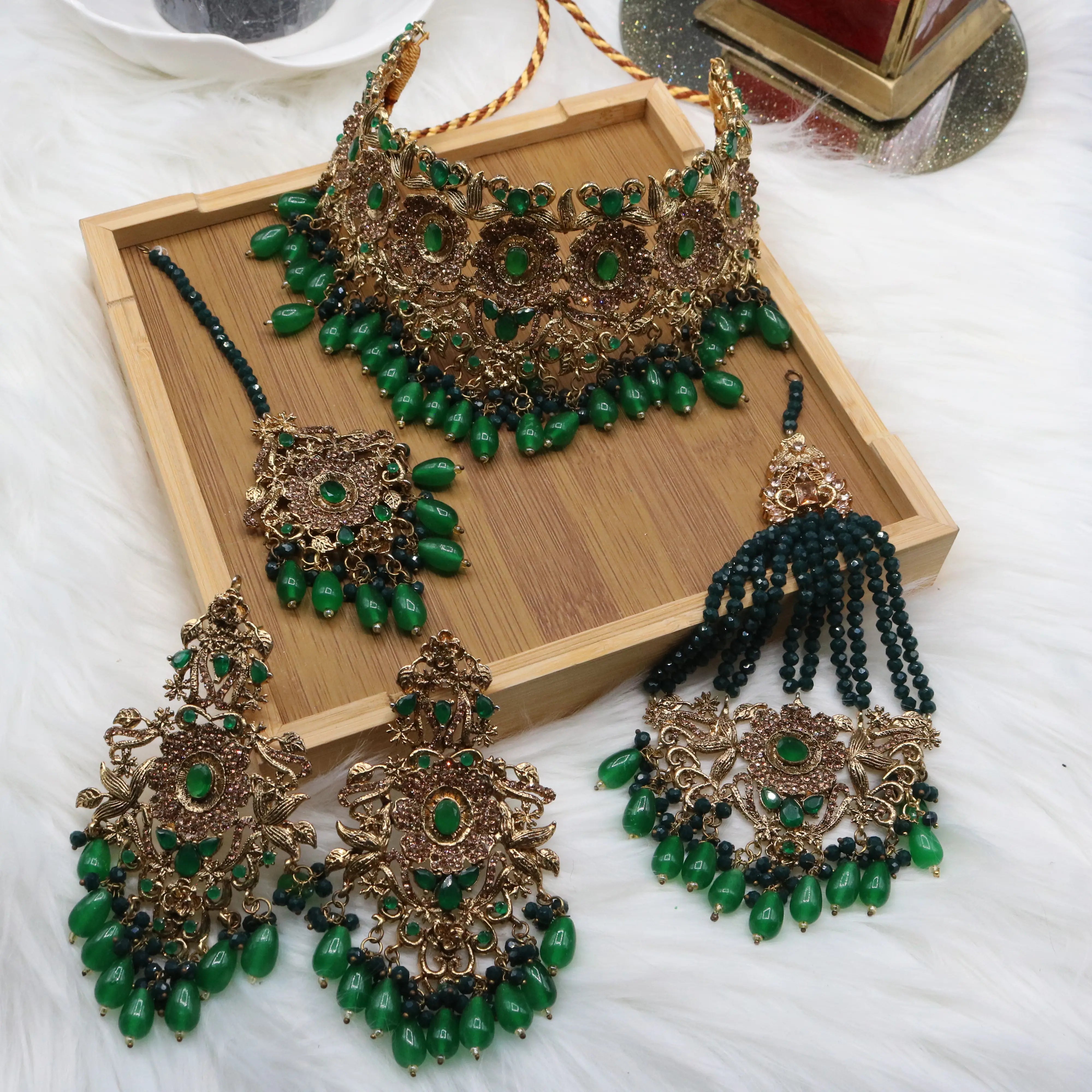 Green Pakistani bridal choker set with jhoomer and earrings