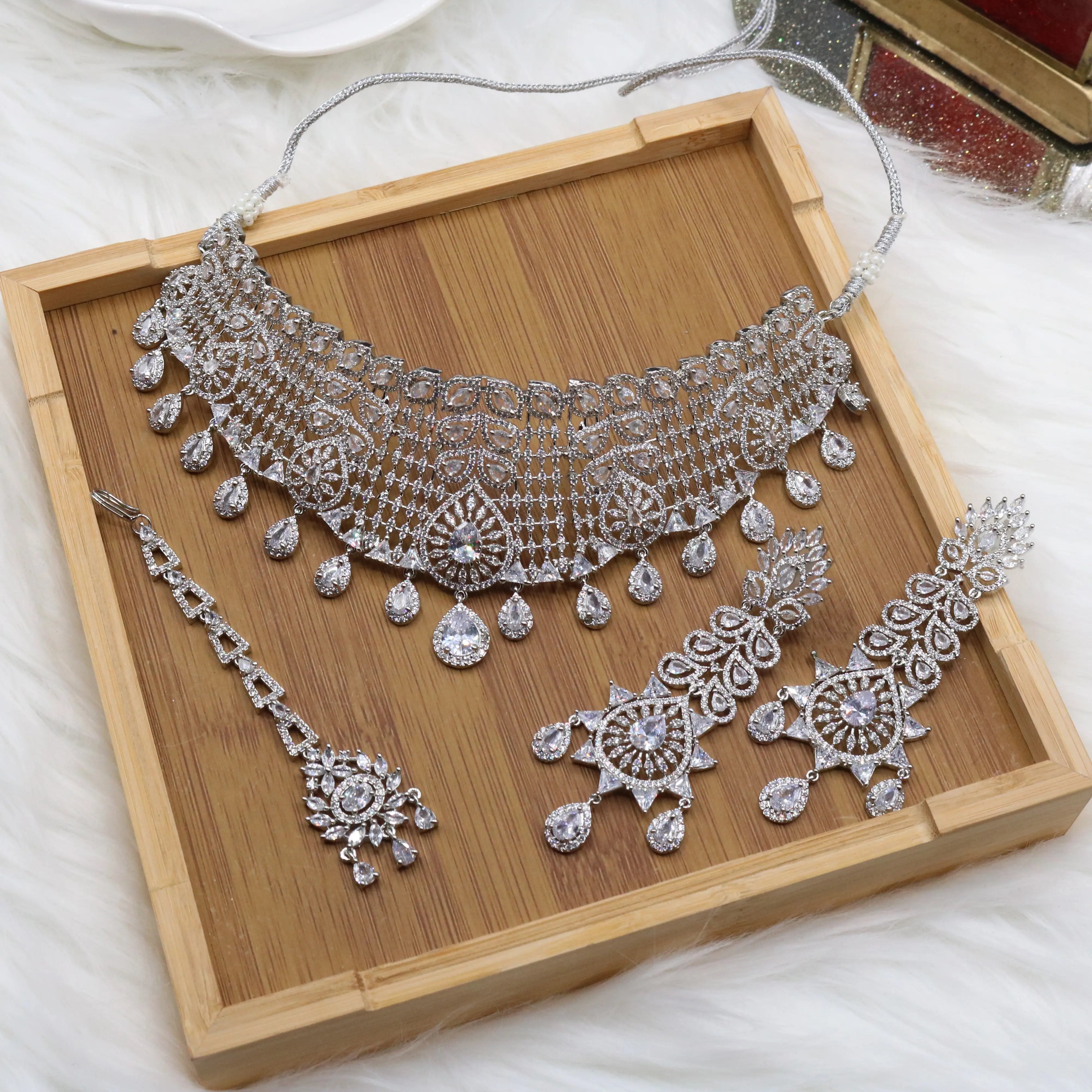 Silver bridal choker necklace set with earrings and teeka