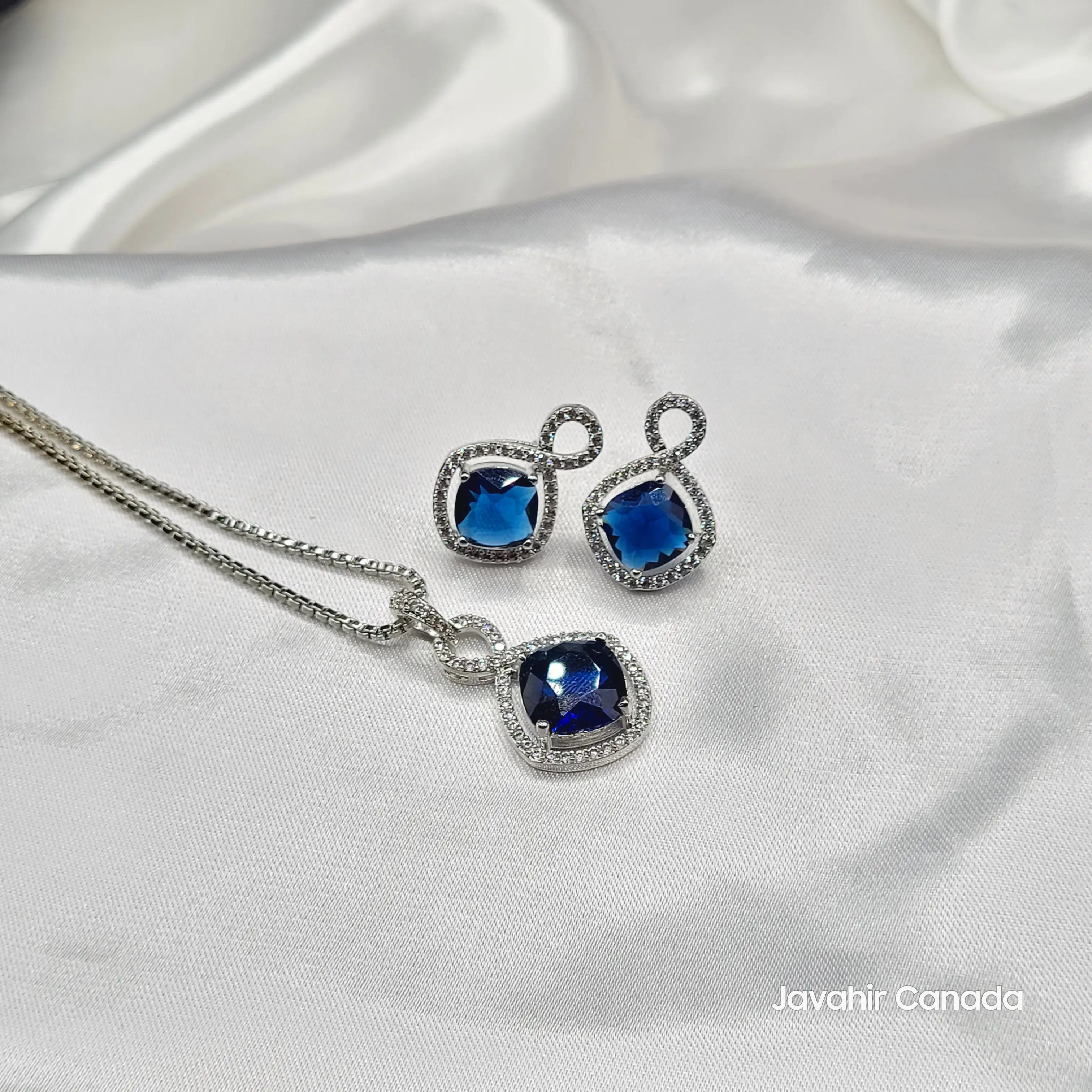 JV212 blue silver cushion-cut pendant and earrings set