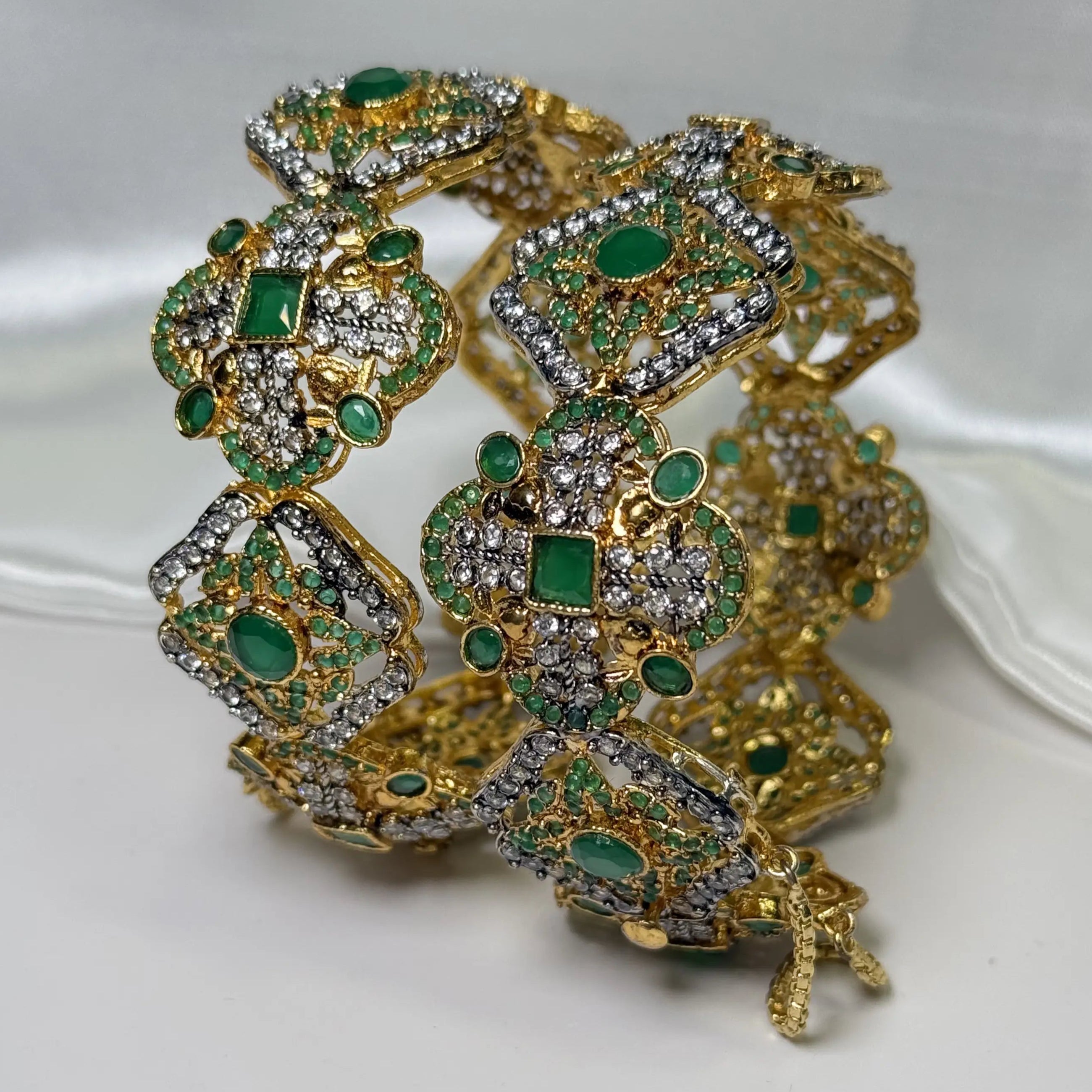 JV3008 gold-toned Pakistani bangles with green stones and cubic zirconia