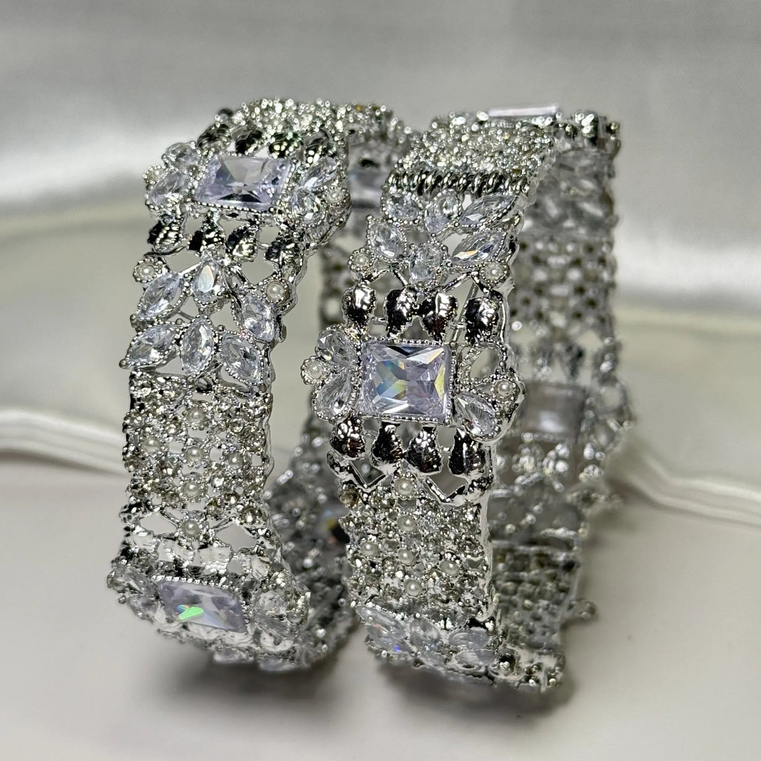 JV3009 silver-toned bridal bangles with rectangular CZ crystals