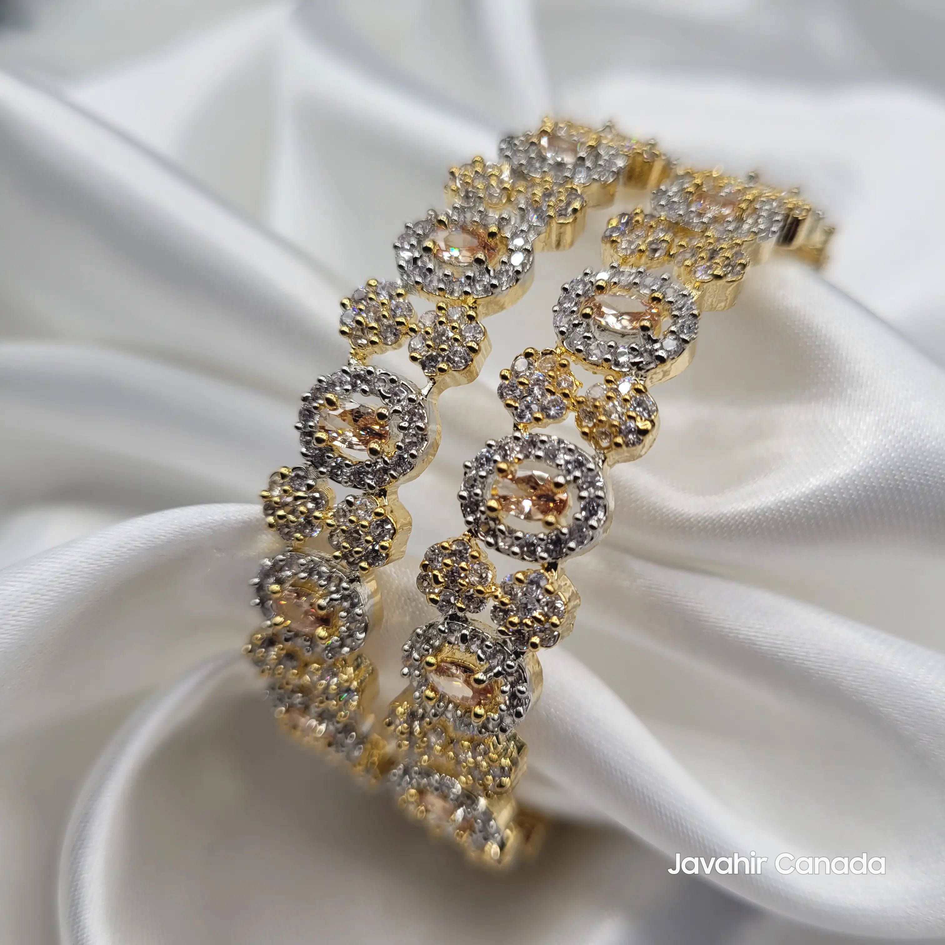 Close-Up of JV3030 – Gold Floral Detailing with American Diamonds