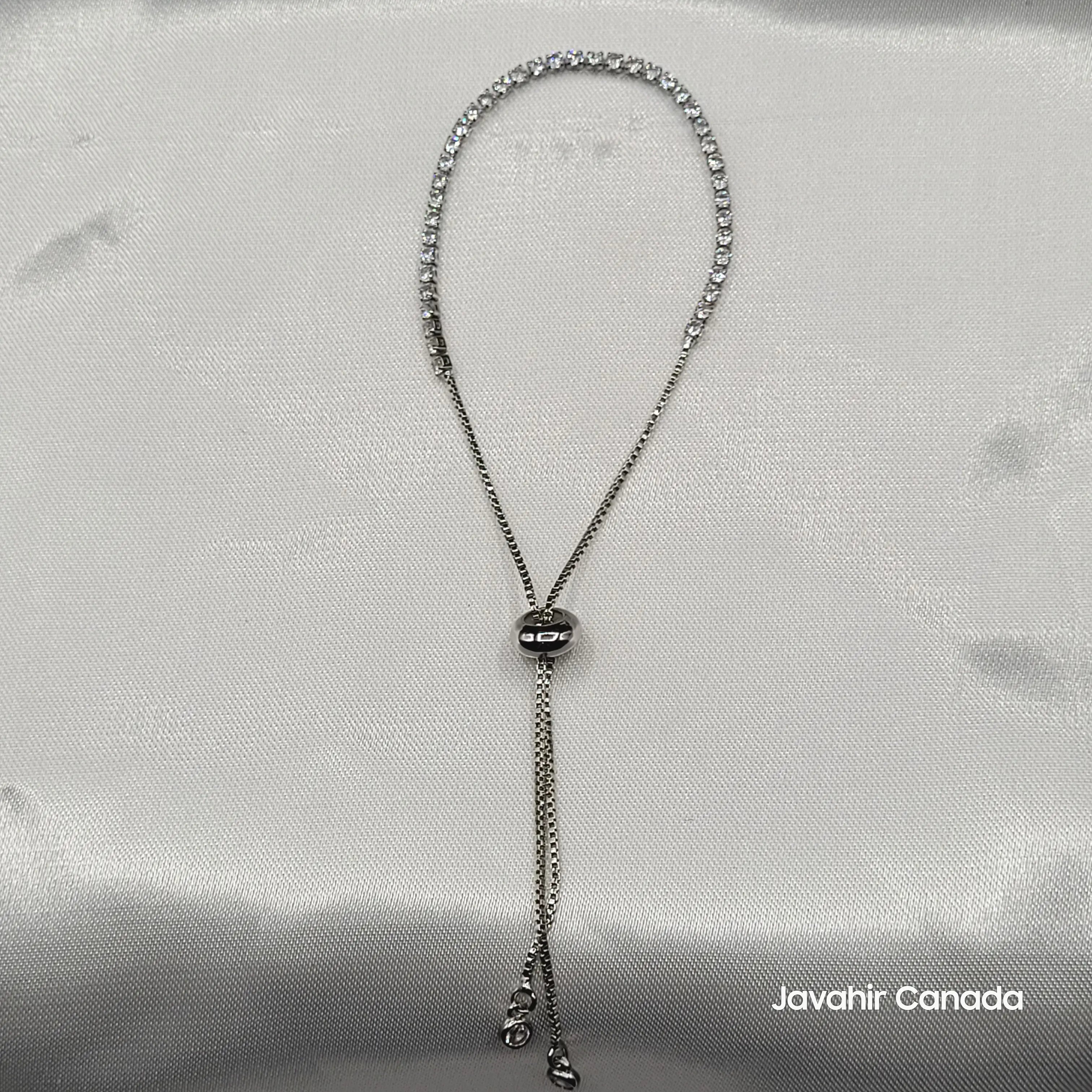JV4020 adjustable silver-tone tennis bracelet with round CZ stones and sliding bolo clasp
