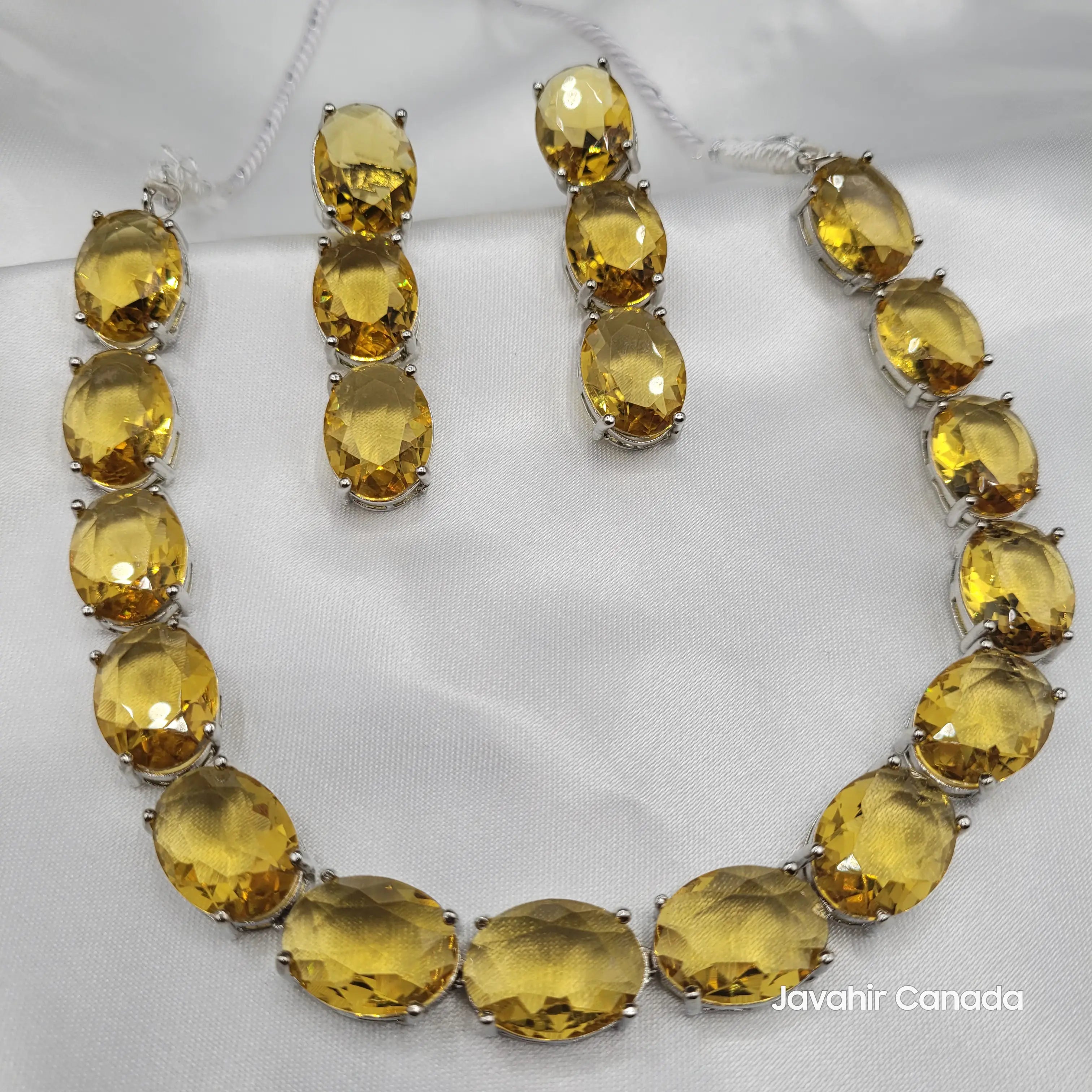 Top view of full citrine gemstone necklace set with matching drop earrings