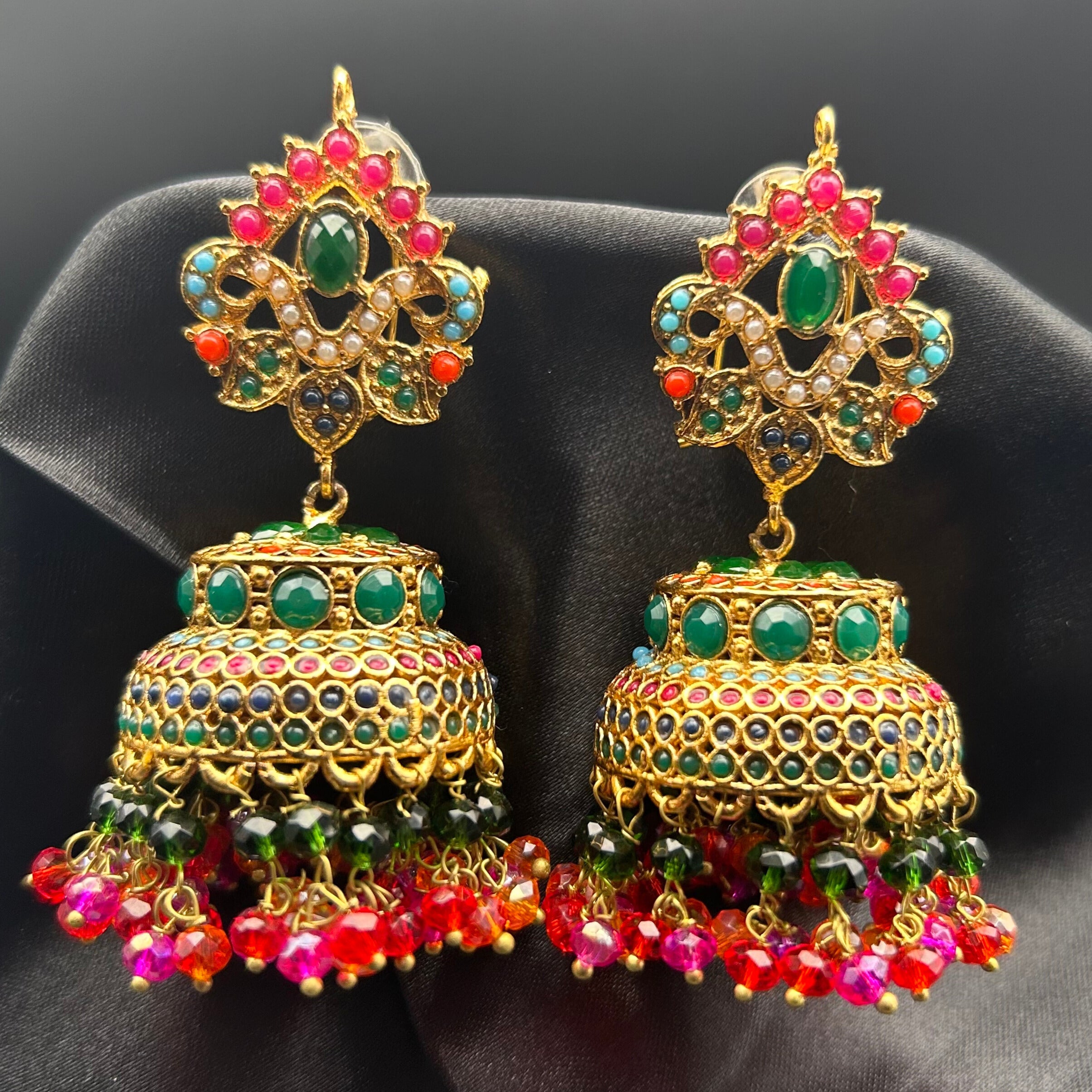 Pakistani design gold-plated multi gemstone traditional jhumkay