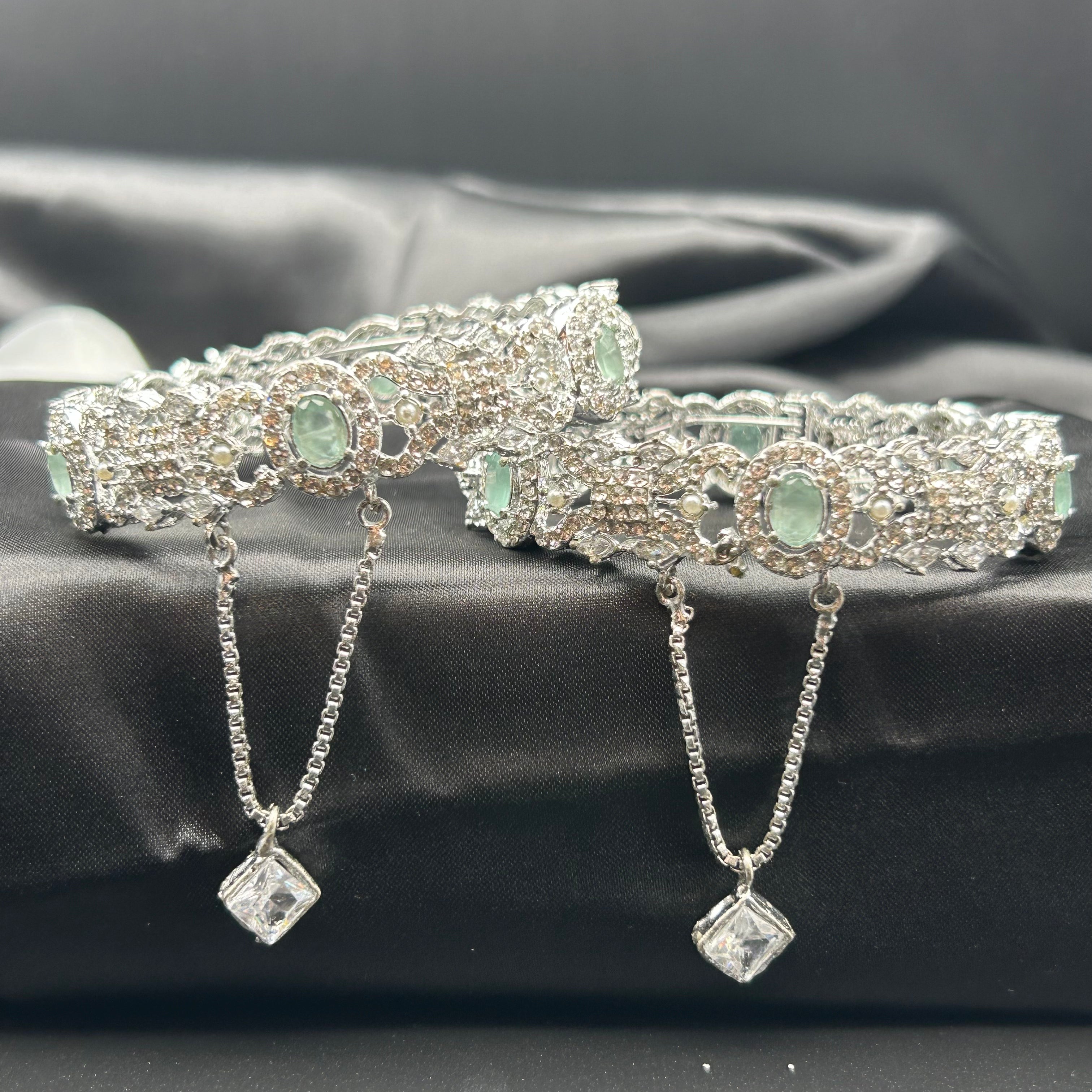 Mint green CZ crystal silver bangles with openable design – front view