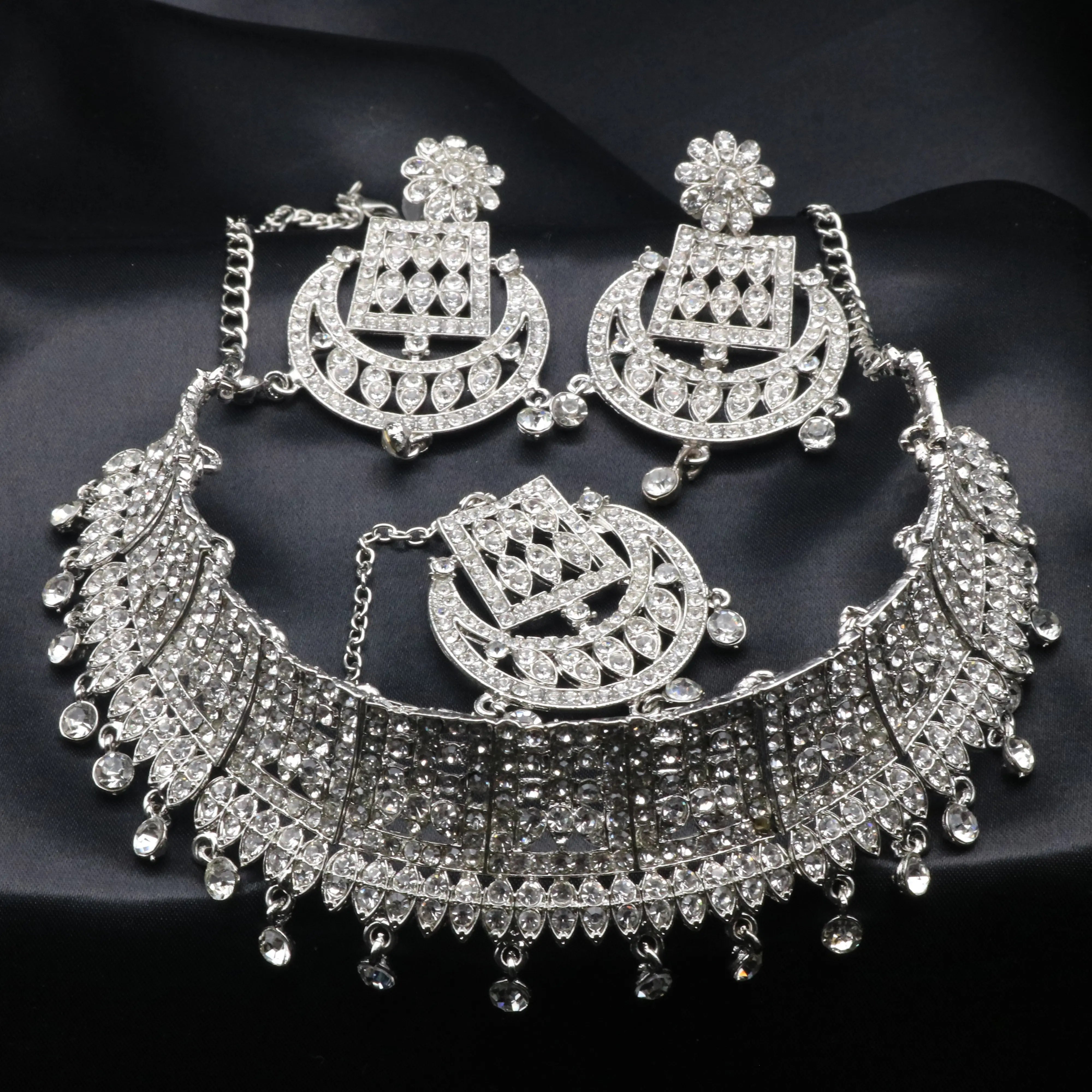 Full view of Queen Necklace Set including silver CZ choker and matching earrings