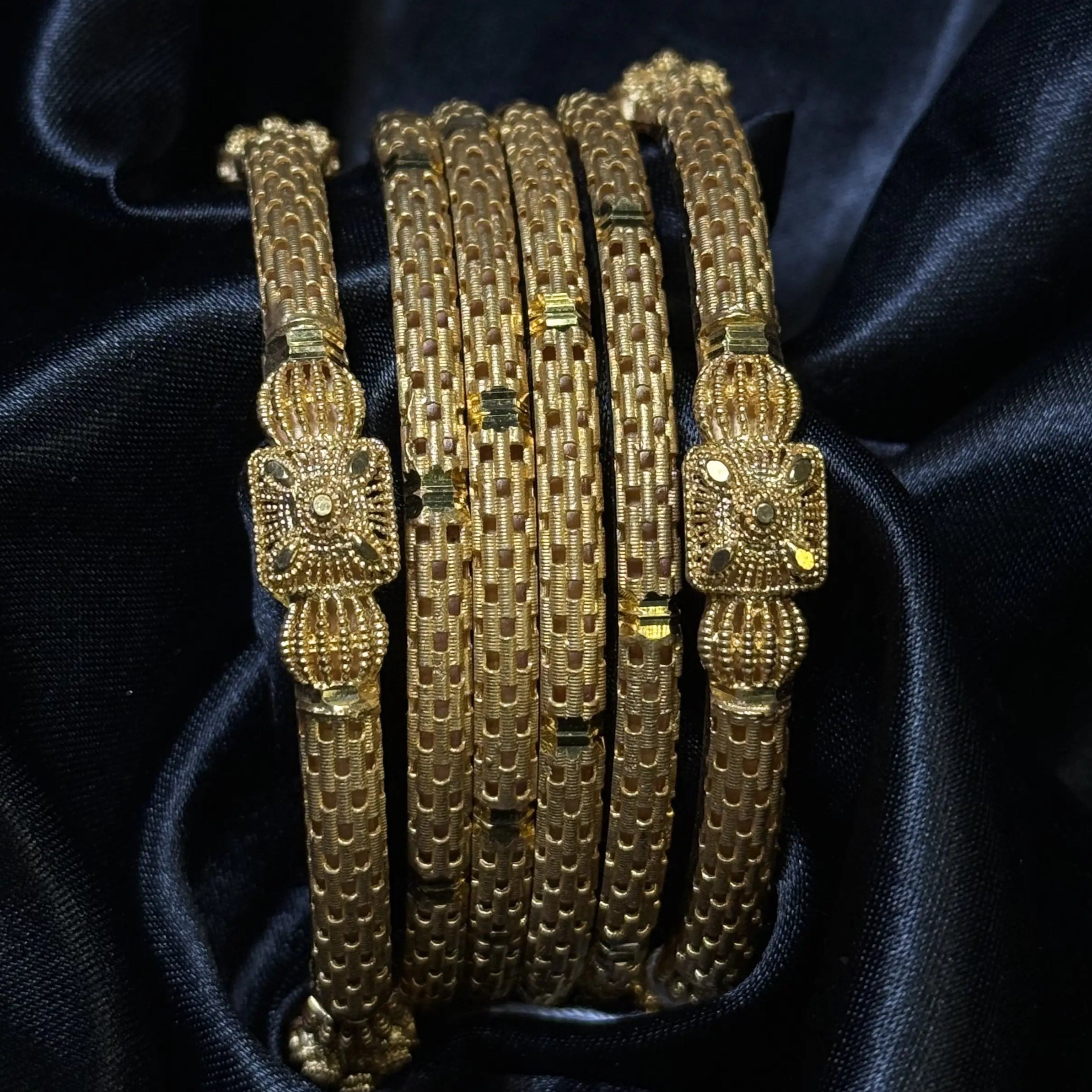Set of 6 22K gold-plated Pakistani mesh bangles on black satin
