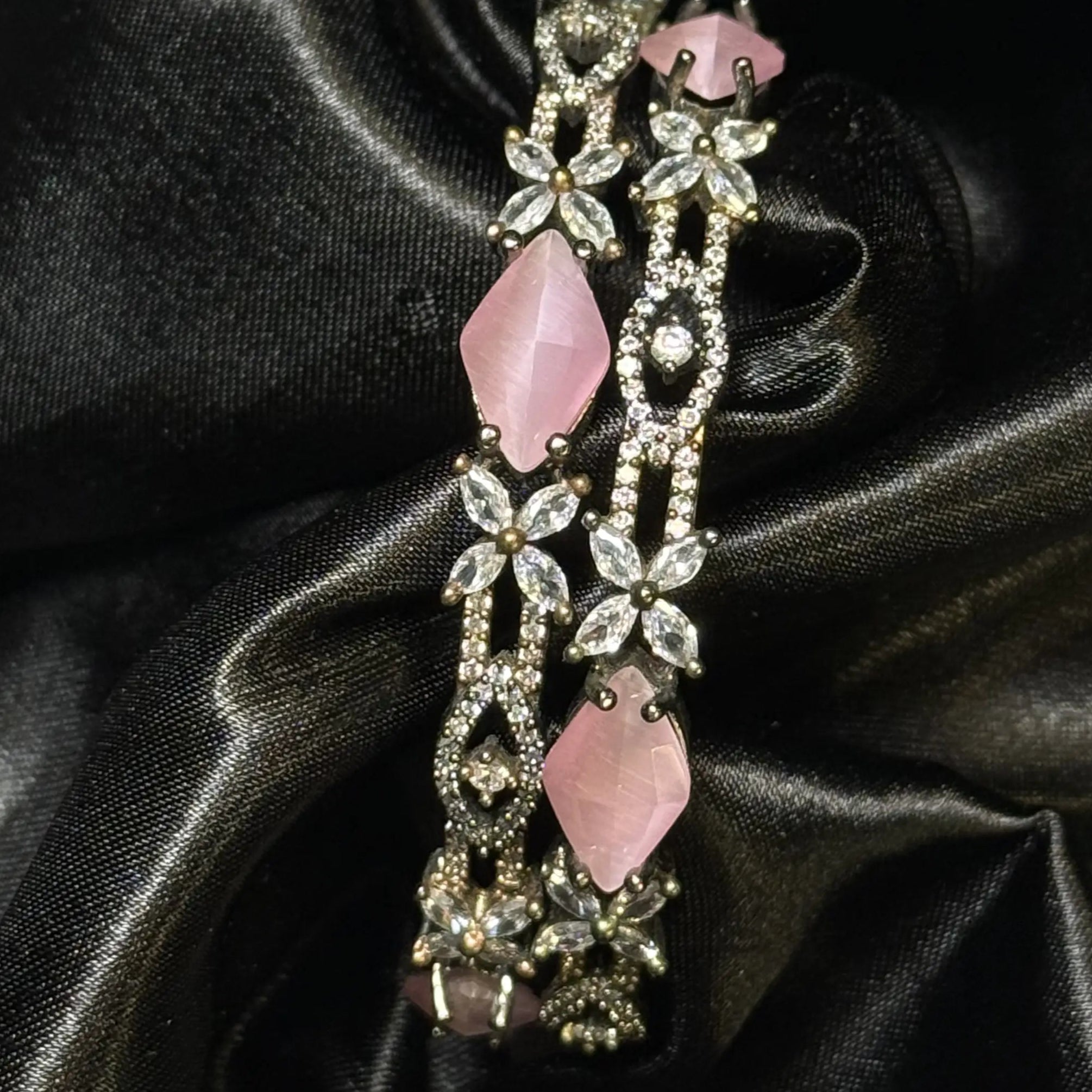 Elegant silver pink stone bangles for festive wear