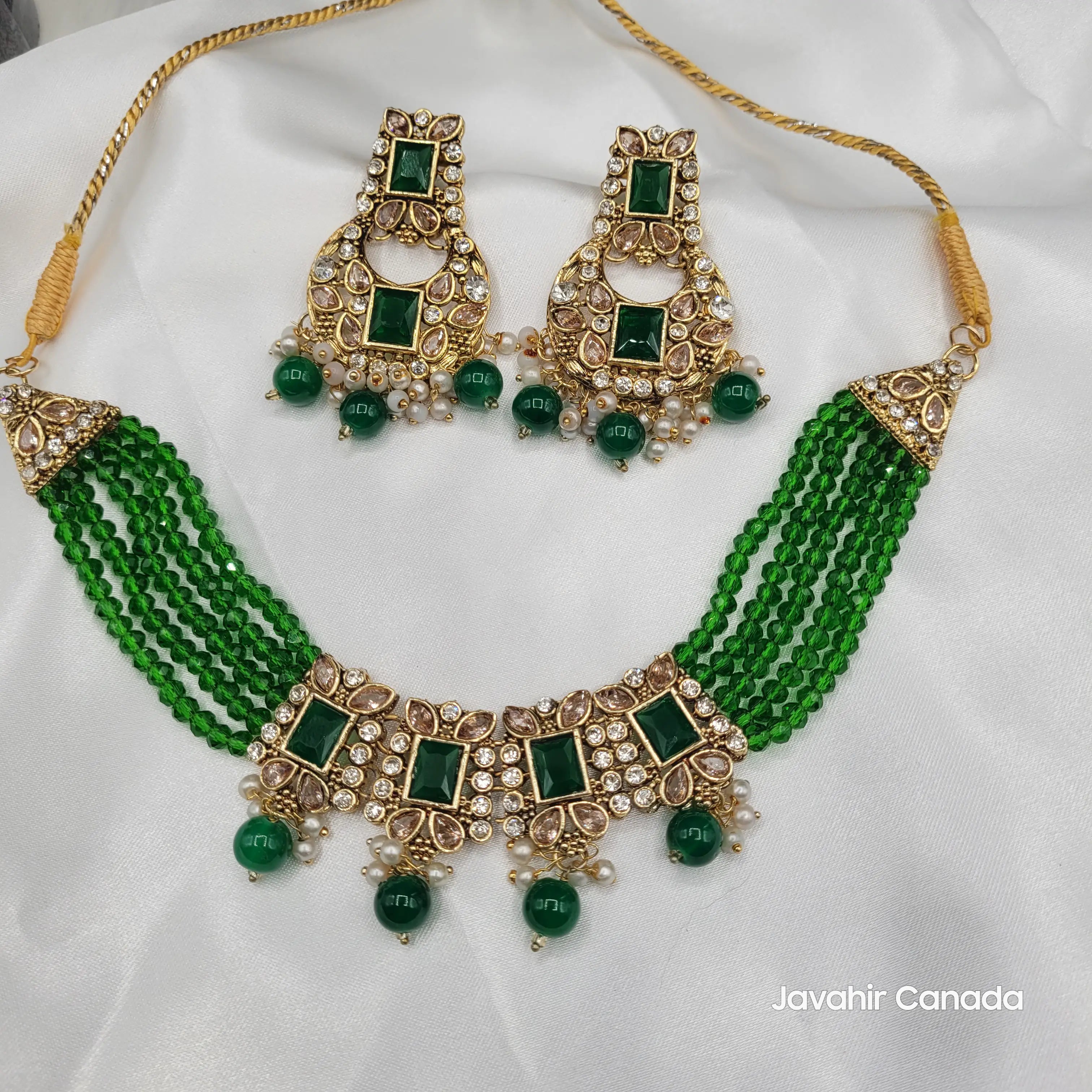 Full emerald green Firdous set with layered green beaded strands