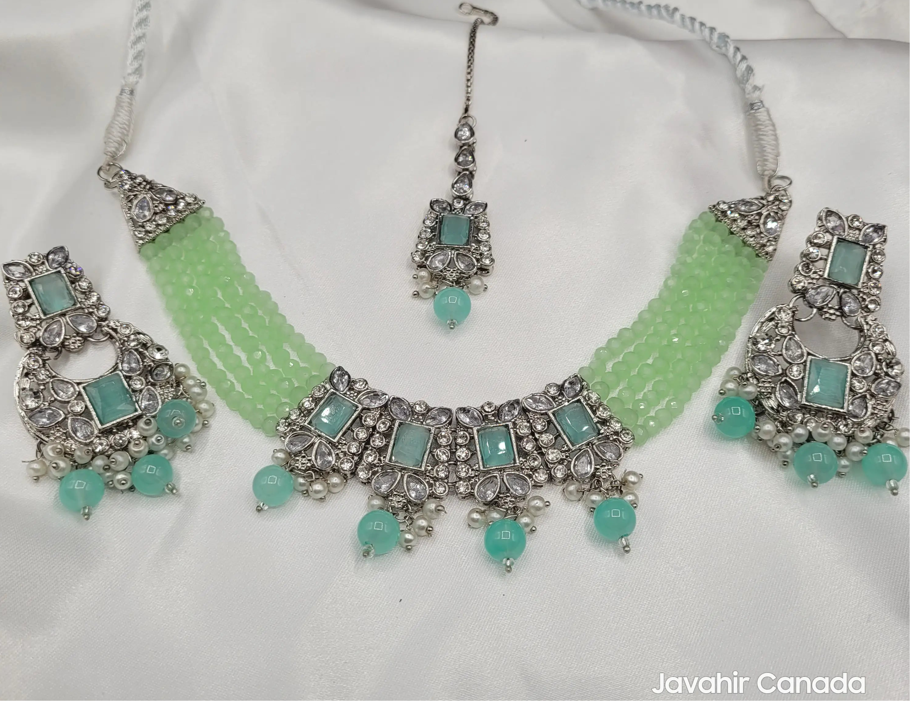 Complete aqua mint Firdous set with tikka, earrings, and necklace