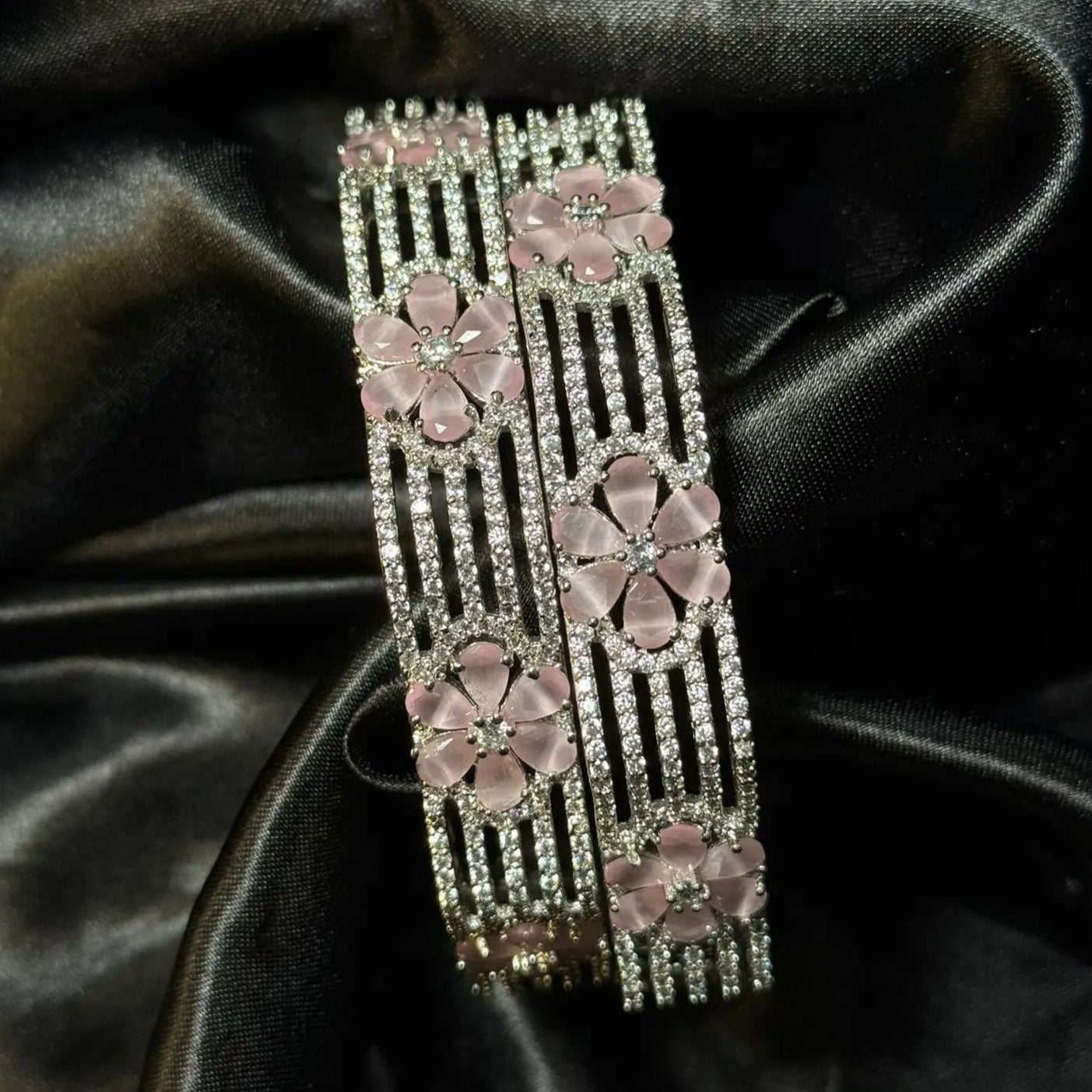 Pink flower bangles with American diamonds for wedding wear