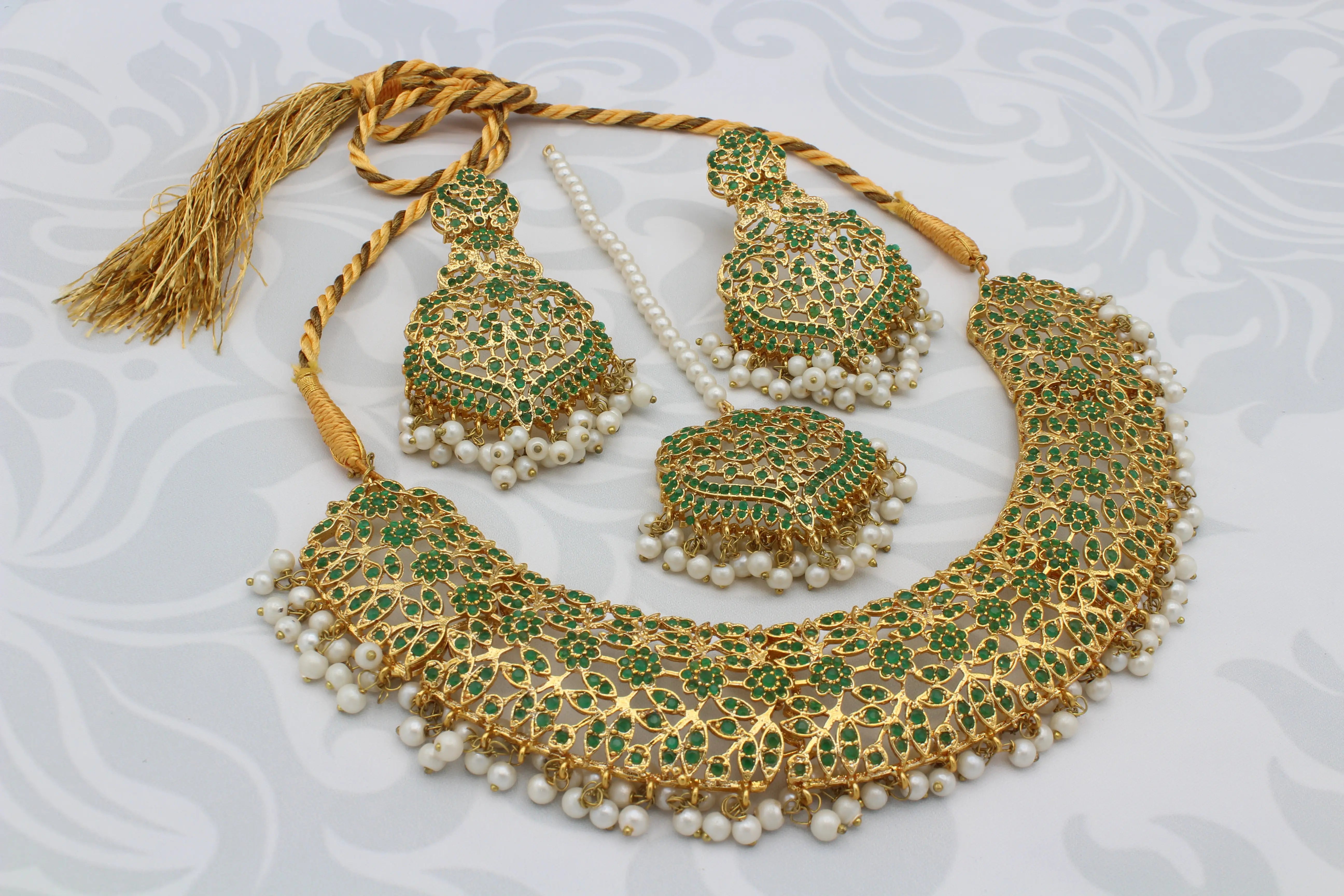 Complete Hyderabadi Princess Necklace Set with earrings, necklace, and teeka displayed on white background