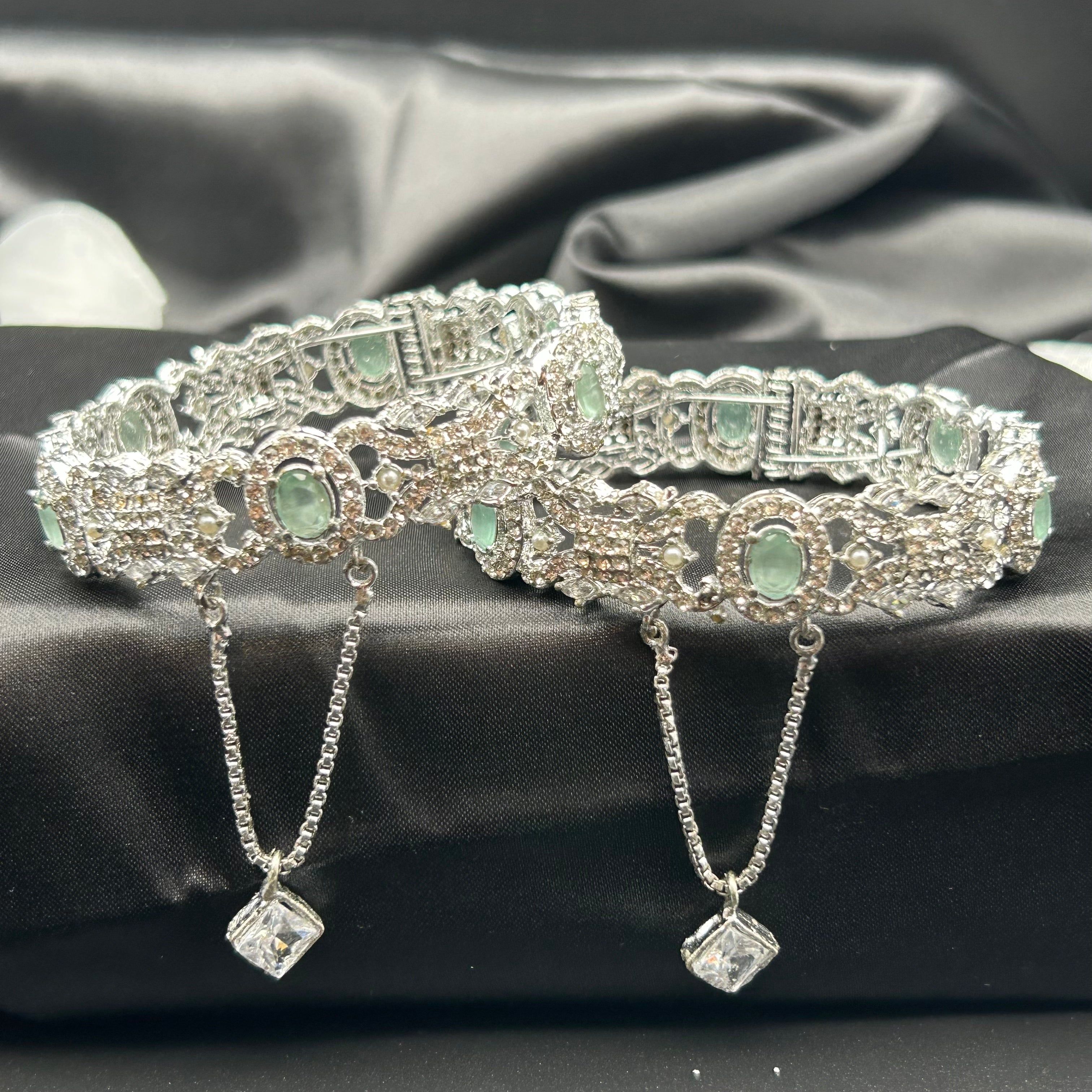 Mint Openable Bangles – CZ Crystal Silver Bangles with Mint Green Center Stones – Pakistani Jewelry