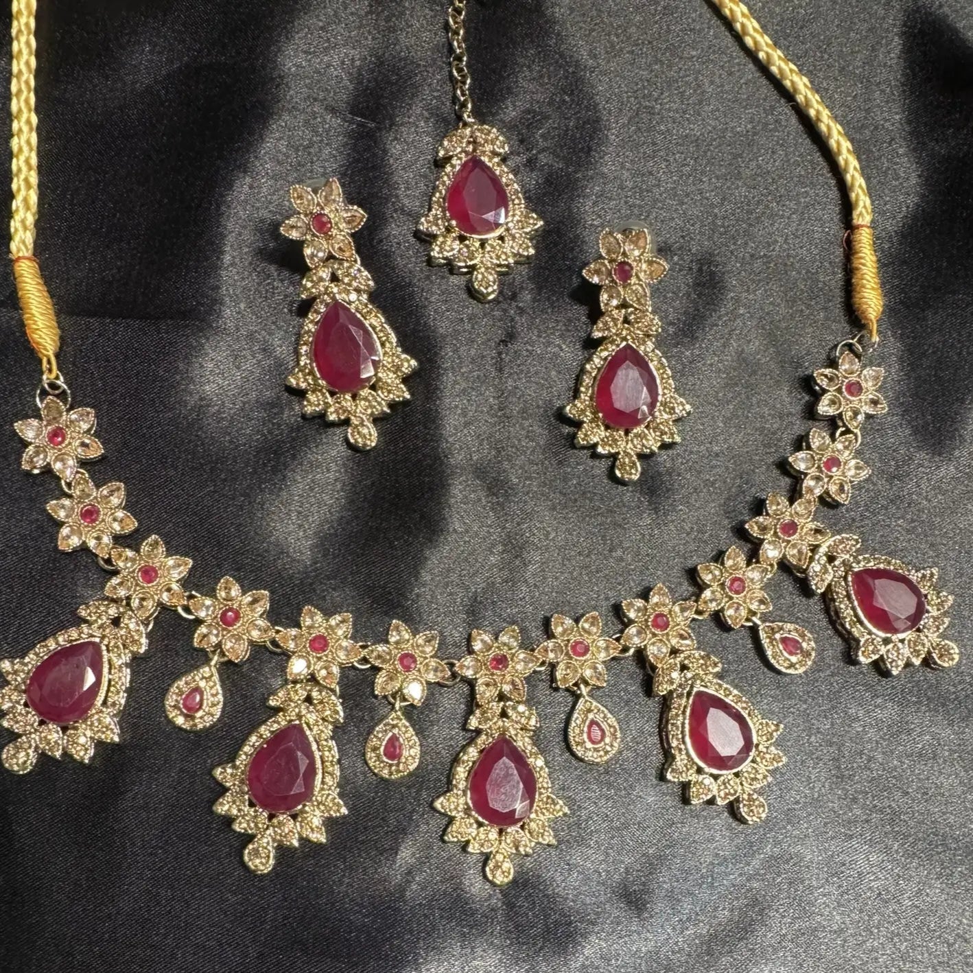 Hot pink gemstone necklace set with matching earrings and teeka, traditional Pakistani jewelry with gold plating and CZ embellishments