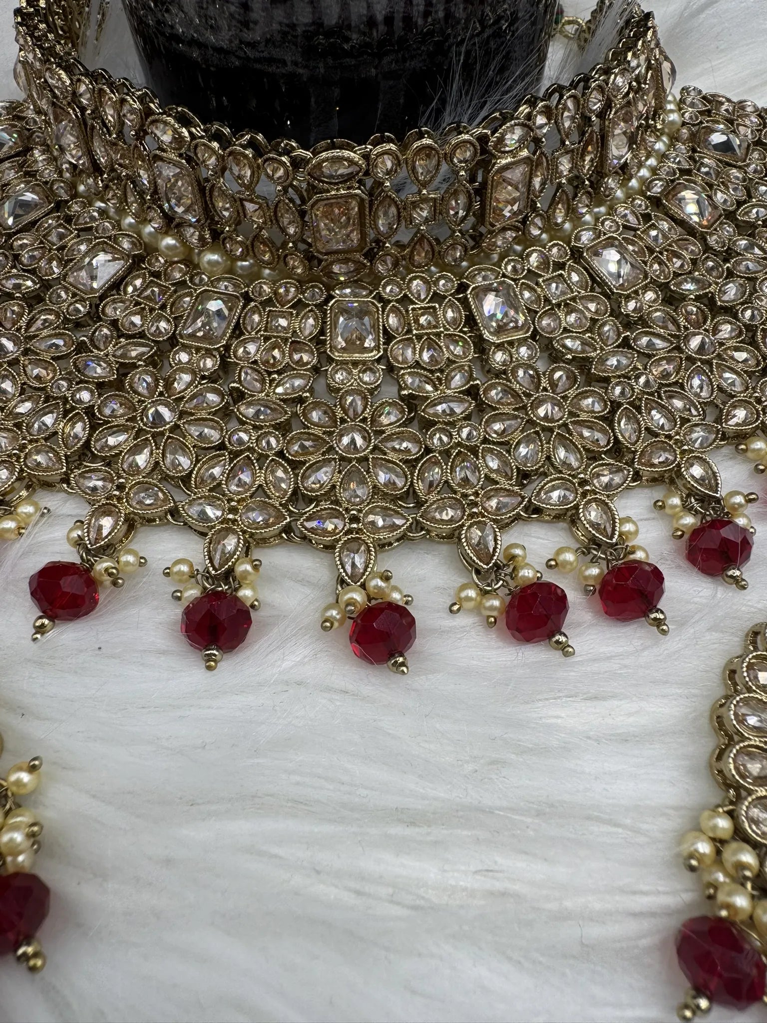 necklace focused Gold-plated Indian bridal set with elegant earrings & teeka. Intricate detailing, waterproof, anti-tarnish