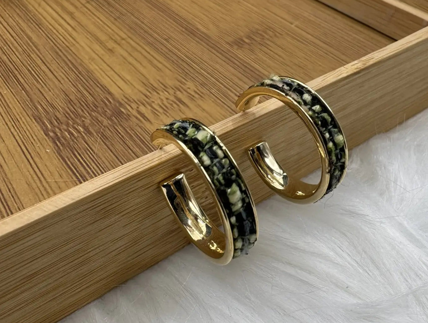 gold plated hoop earrings with camouflage style pattern