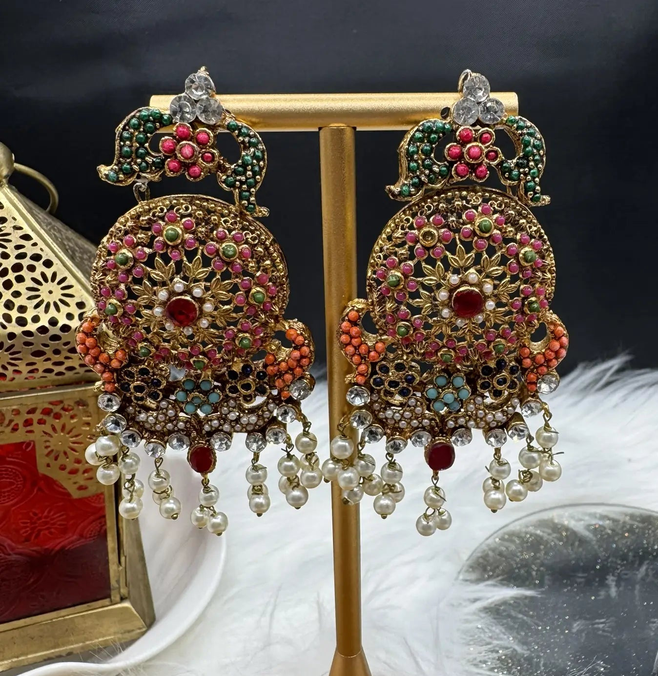 front view of Pakistani style traditional multicolor earrings. Waterproof and stainless steel