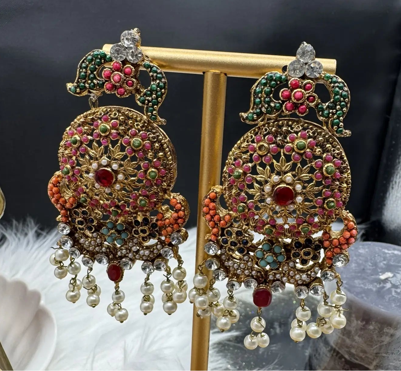 right side view of Pakistani style traditional multicolor earrings. Waterproof and stainless steel