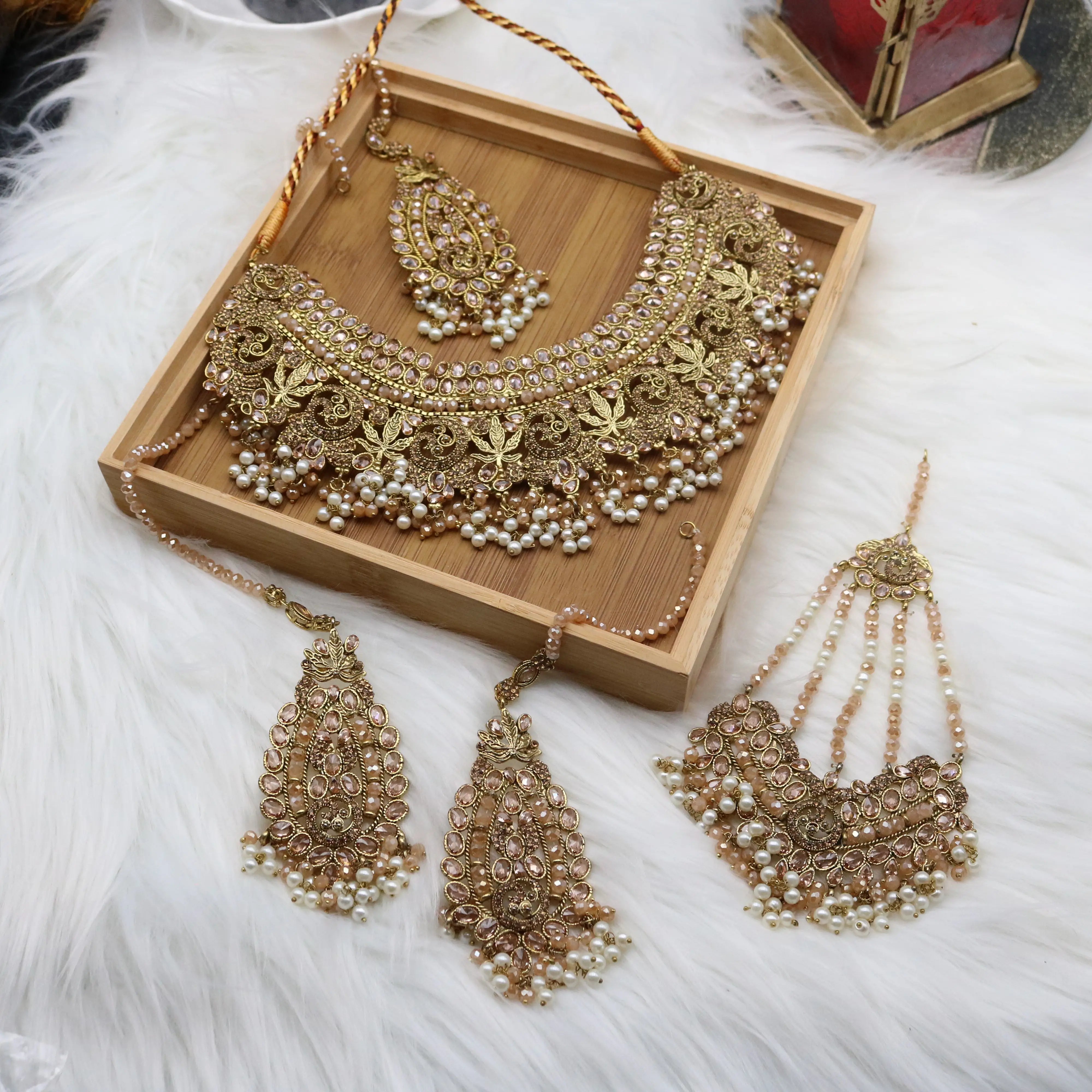 Gold and champagne Pakistani bridal necklace jewelry set with jhoomer