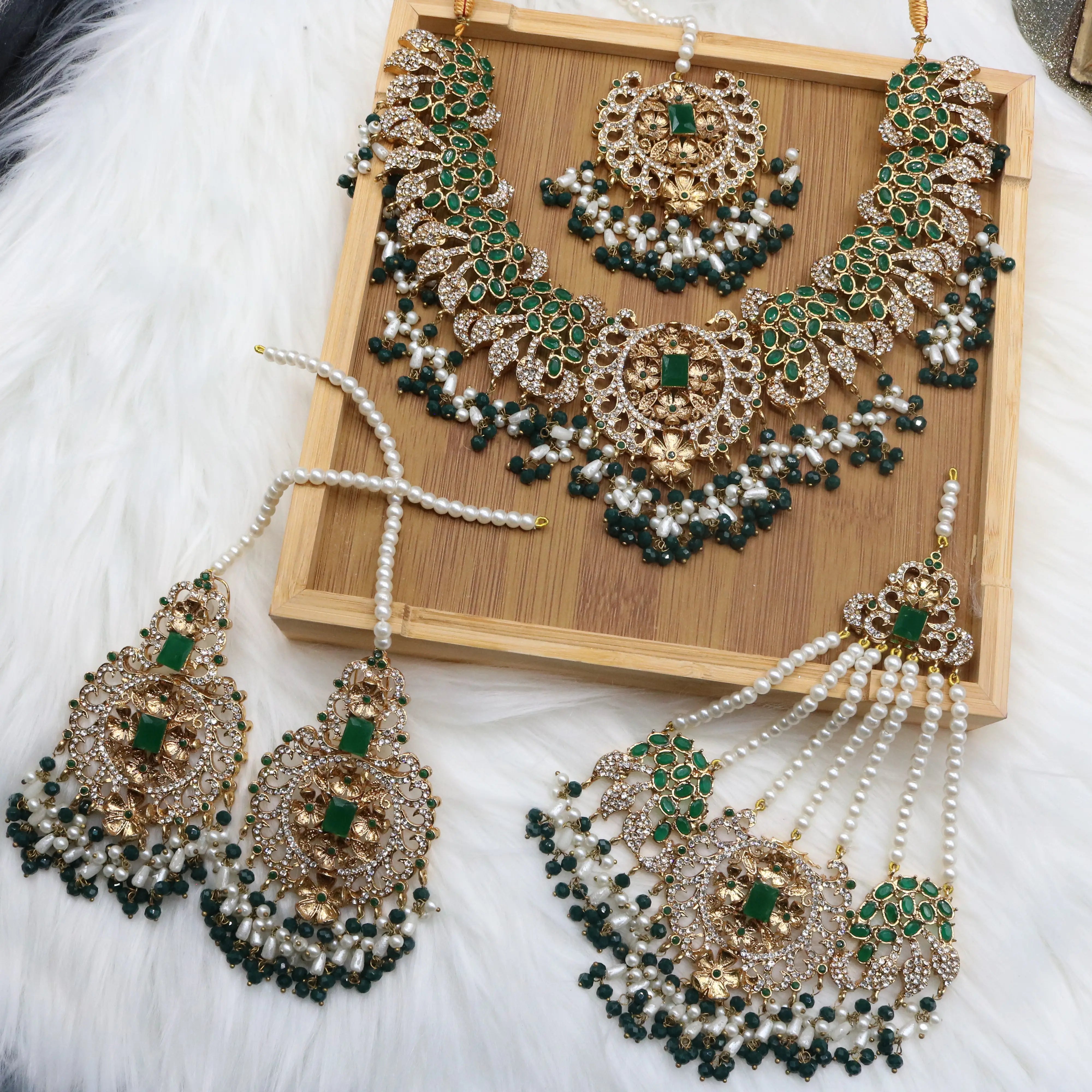 Pakistani bridal necklace set with earrings, jhoomer and teeka in green and gold with pearls