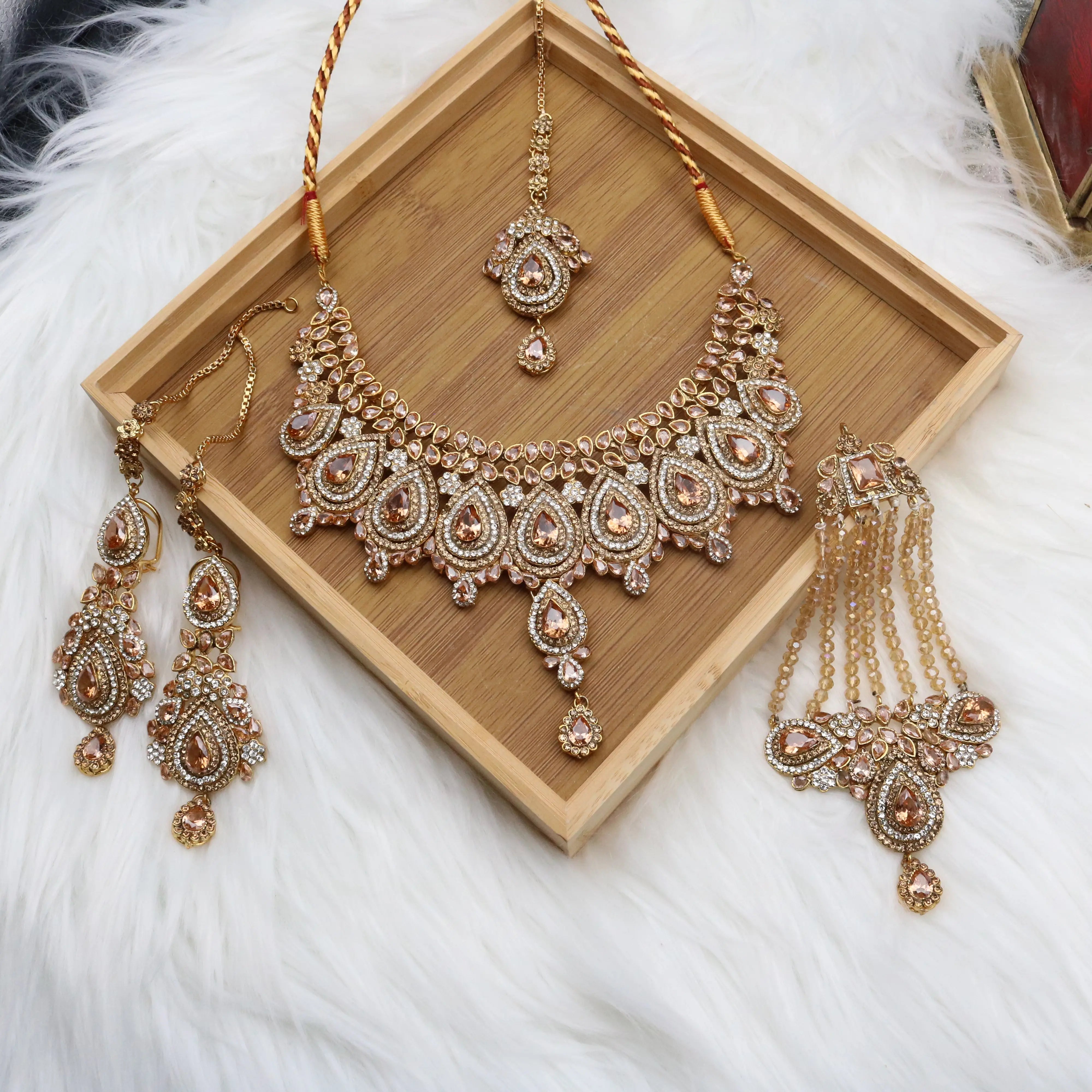 Champagne teardrop bridal necklace set with earrings, teeka & jhoomer in stainless steel
