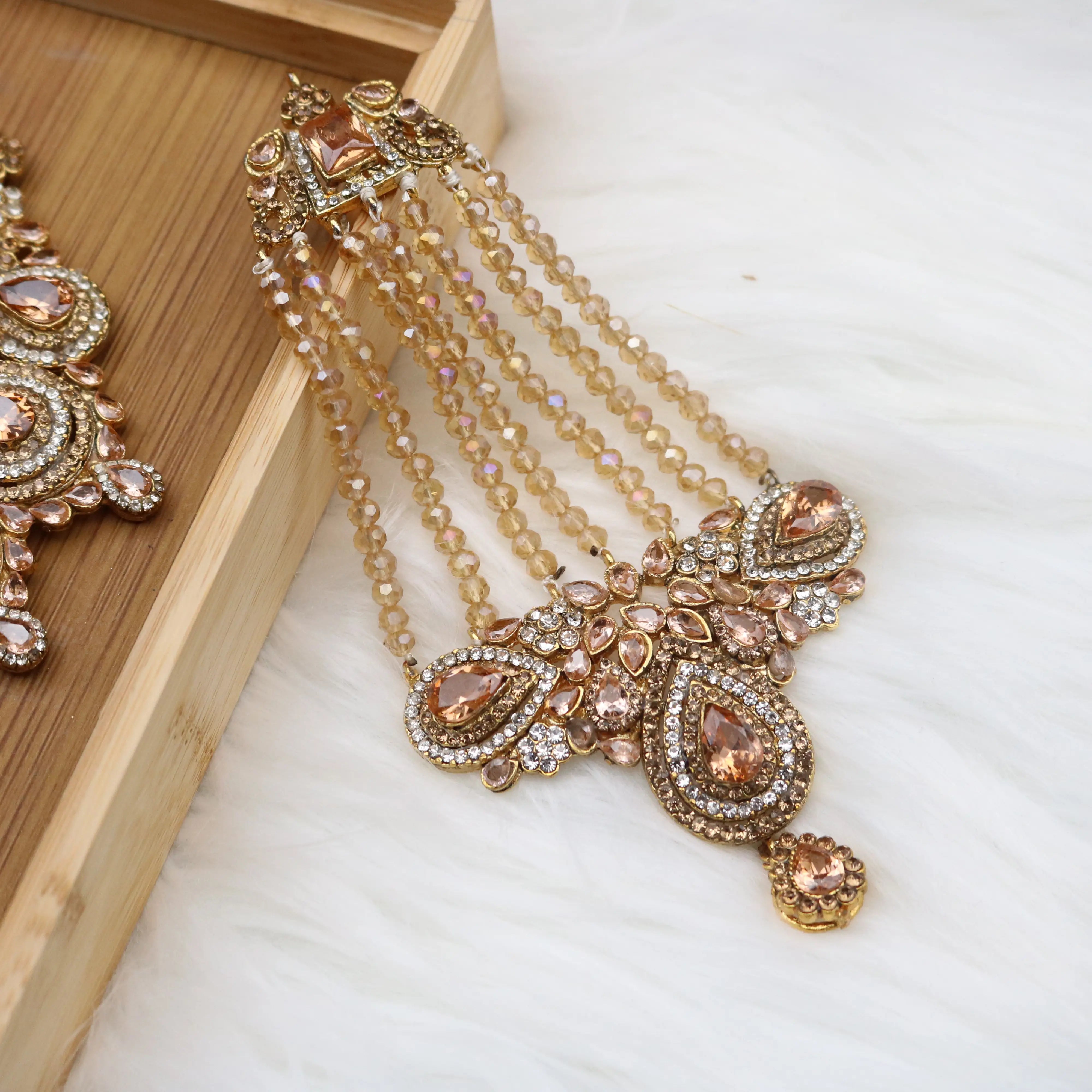 jhoomer view of Champagne teardrop bridal necklace set with earrings, teeka & jhoomer in stainless steel