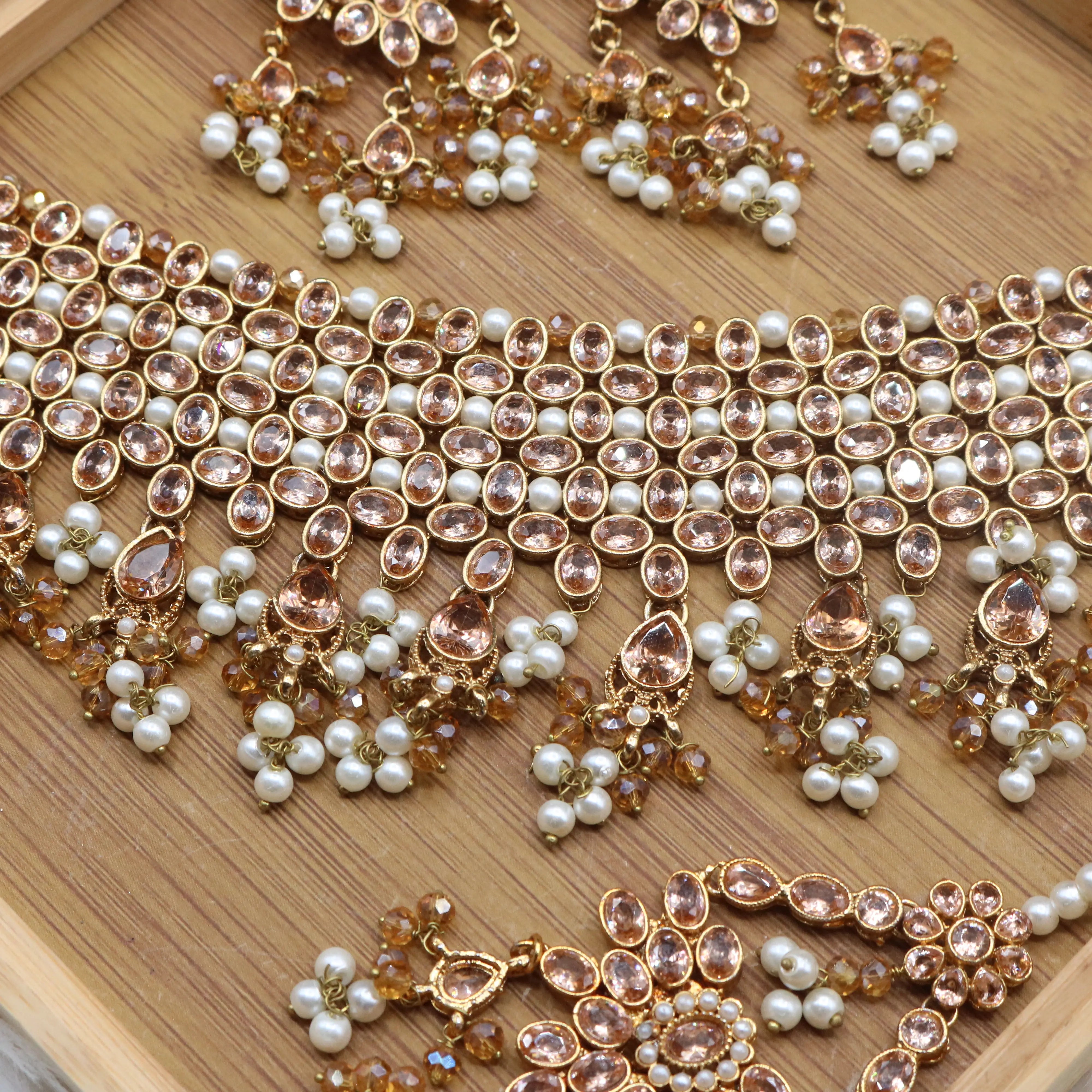 necklace view of Champagne bridal choker necklace set with earrings and teeka in stainless steel