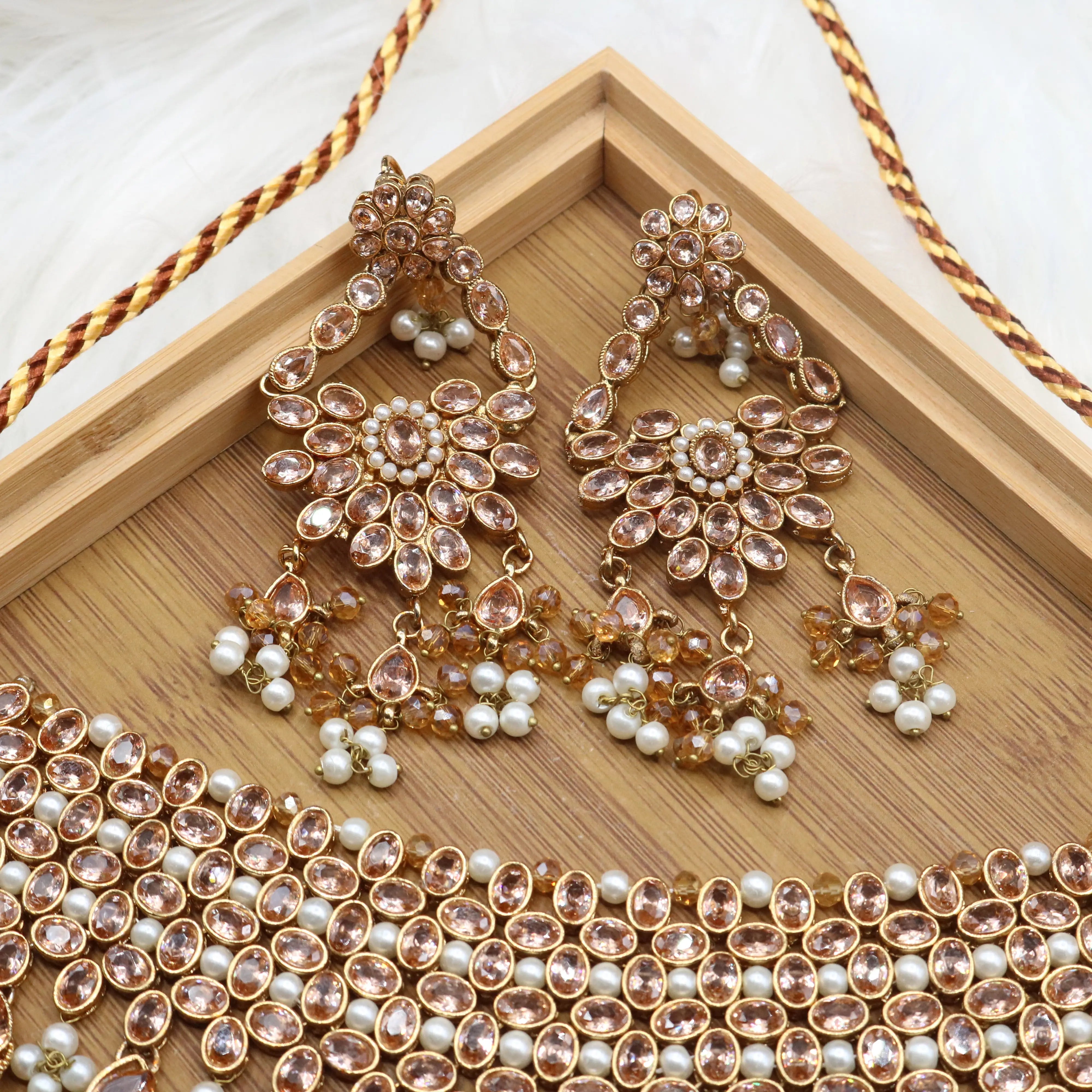 earrings view of Champagne bridal choker necklace set with earrings and teeka in stainless steel