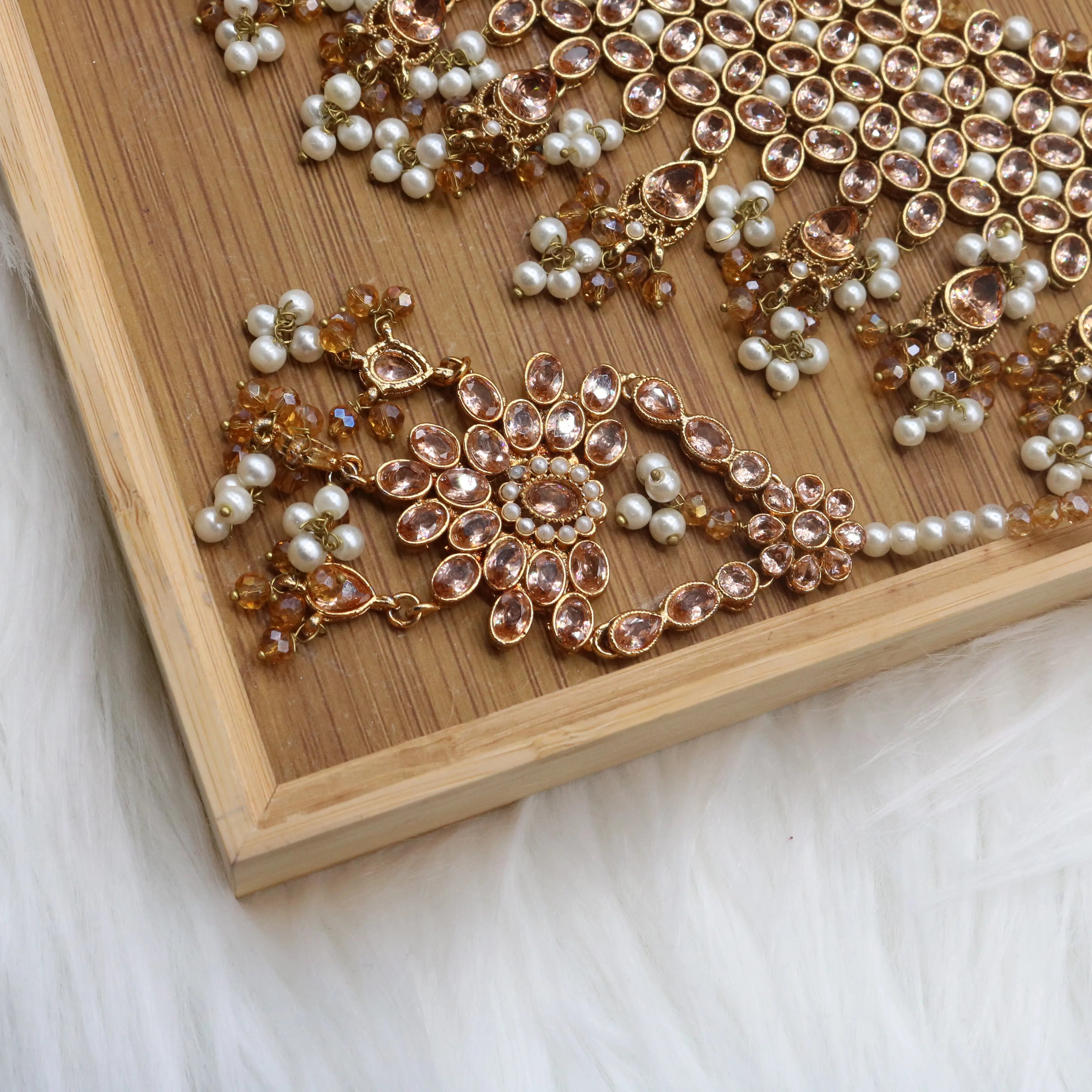 teeka view of Champagne bridal choker necklace set with earrings and teeka in stainless steel