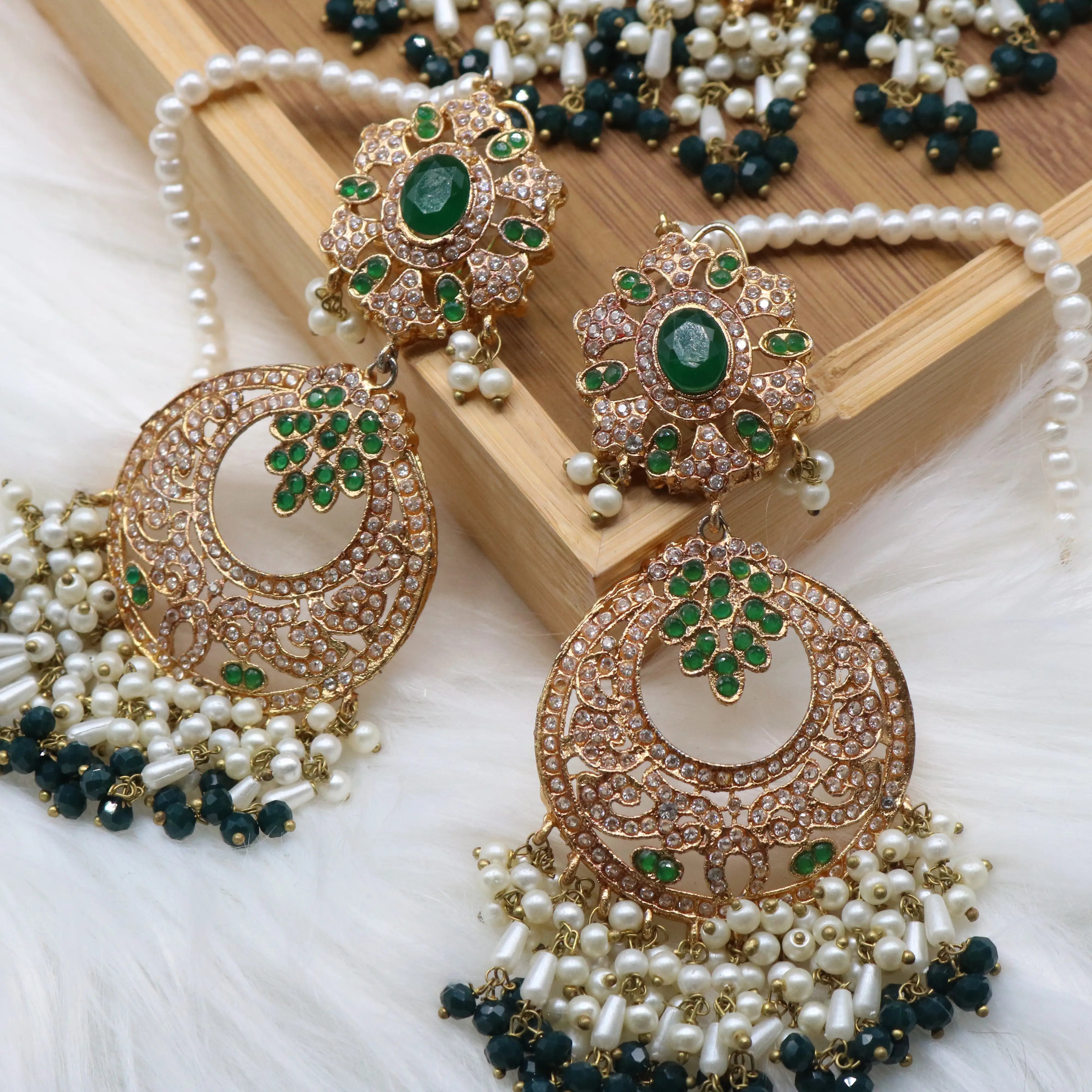 earrings view of Emerald green bridal choker necklace with earrings and teeka in gold and pearls