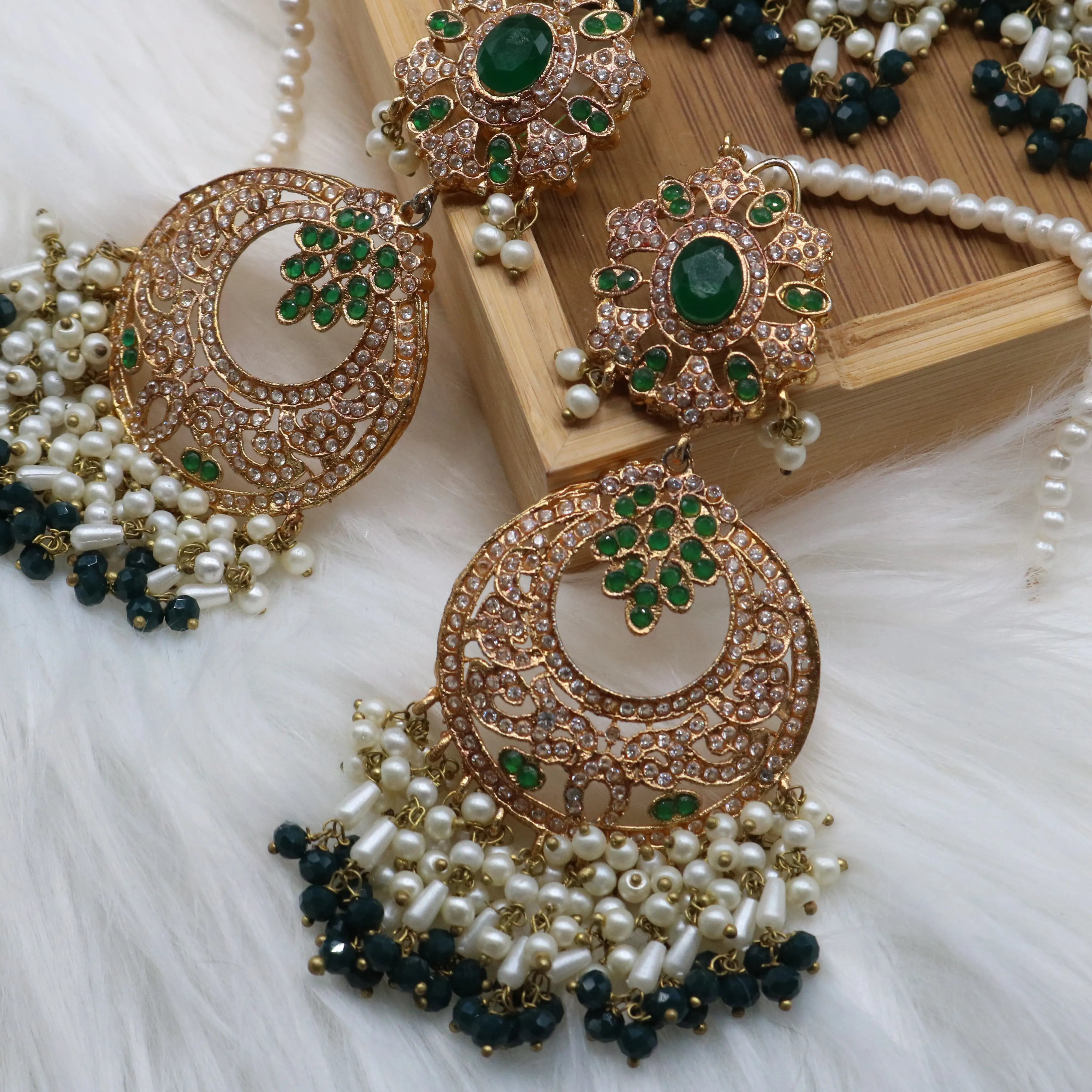 another earrings view of Emerald green bridal choker necklace with earrings and teeka in gold and pearls