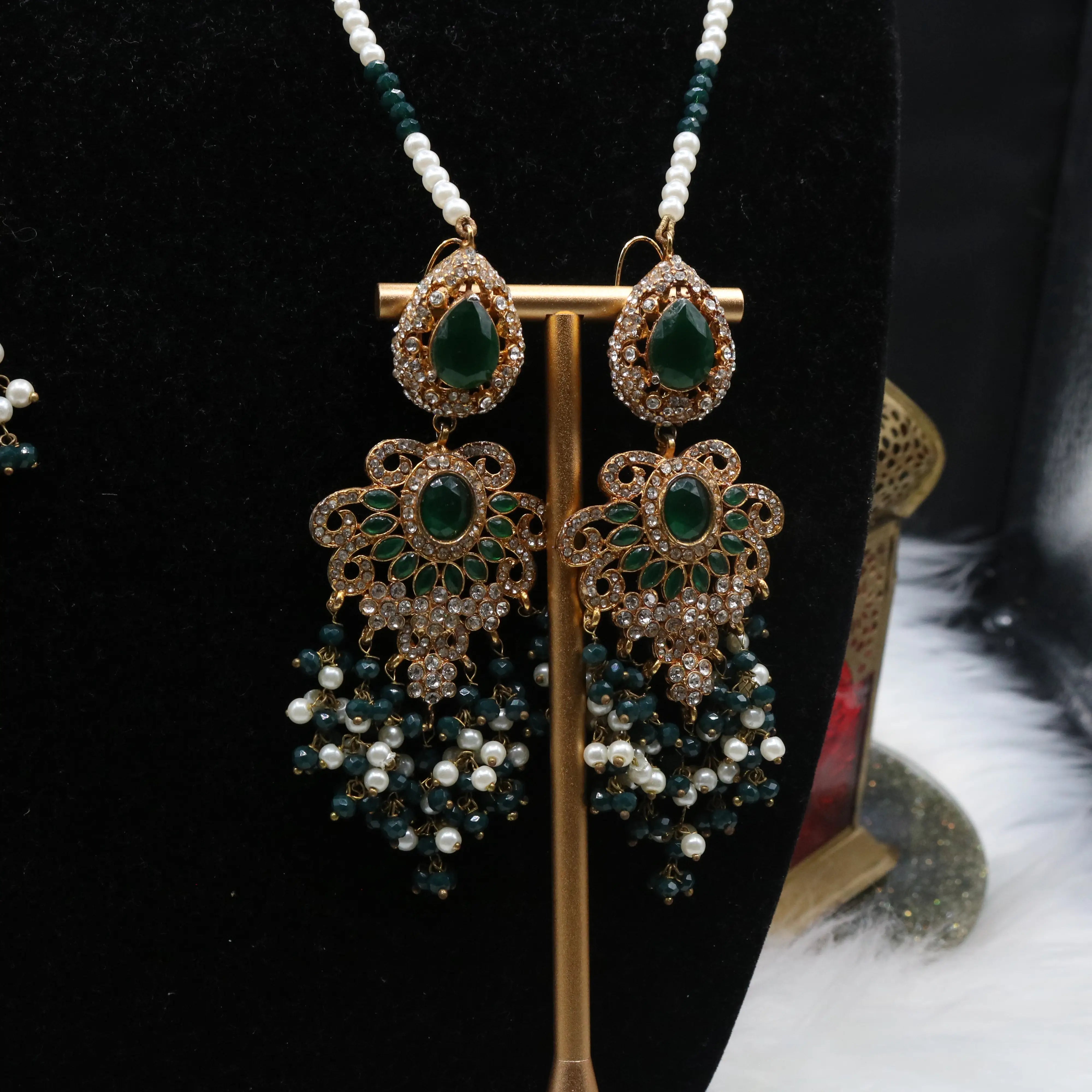 earrings only view of Royal emerald bridal choker necklace with teardrop stones and pearls