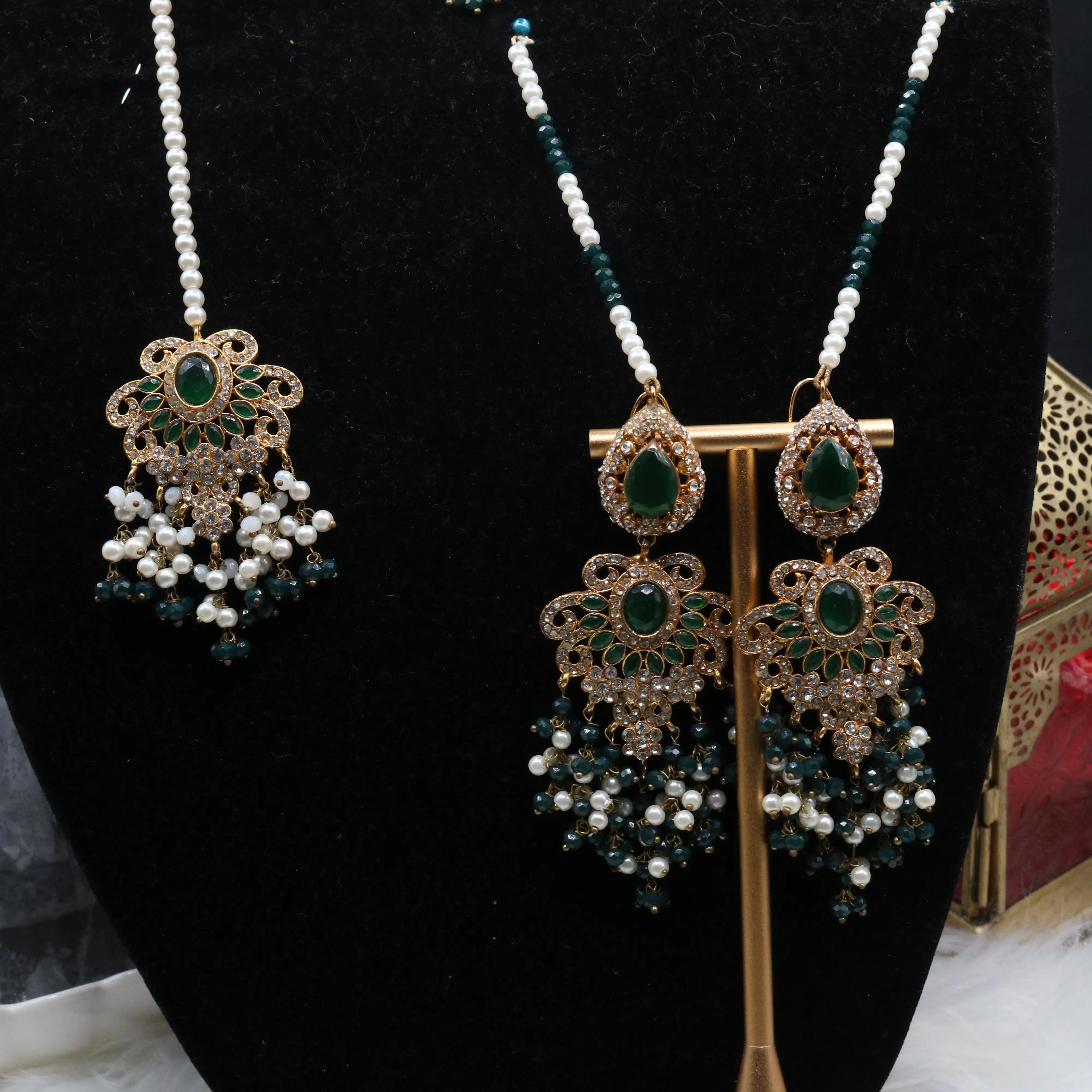 earrings view of Royal emerald bridal choker necklace with teardrop stones and pearls