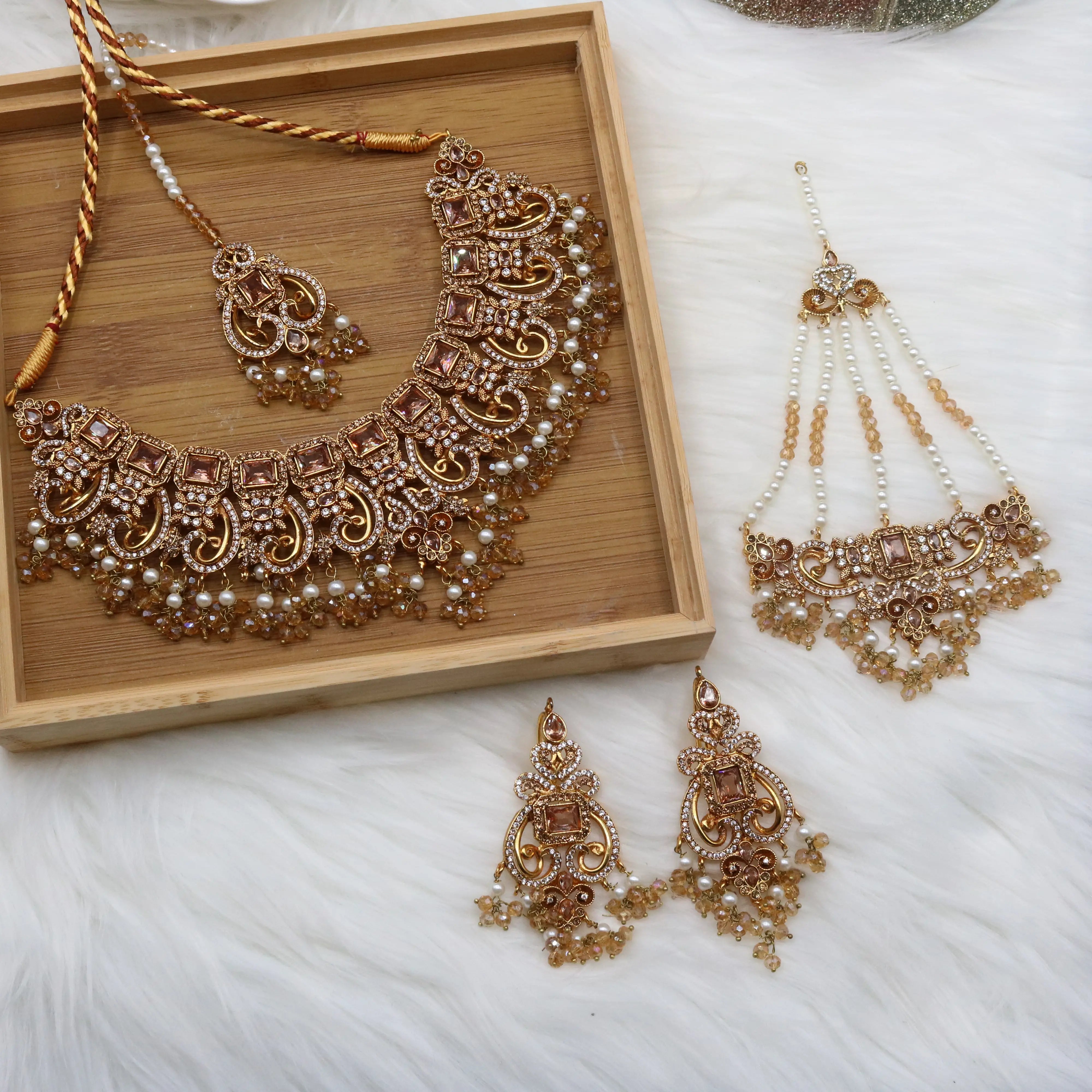 Champagne gold bridal necklace set with earrings, teeka & jhoomer in stainless steel