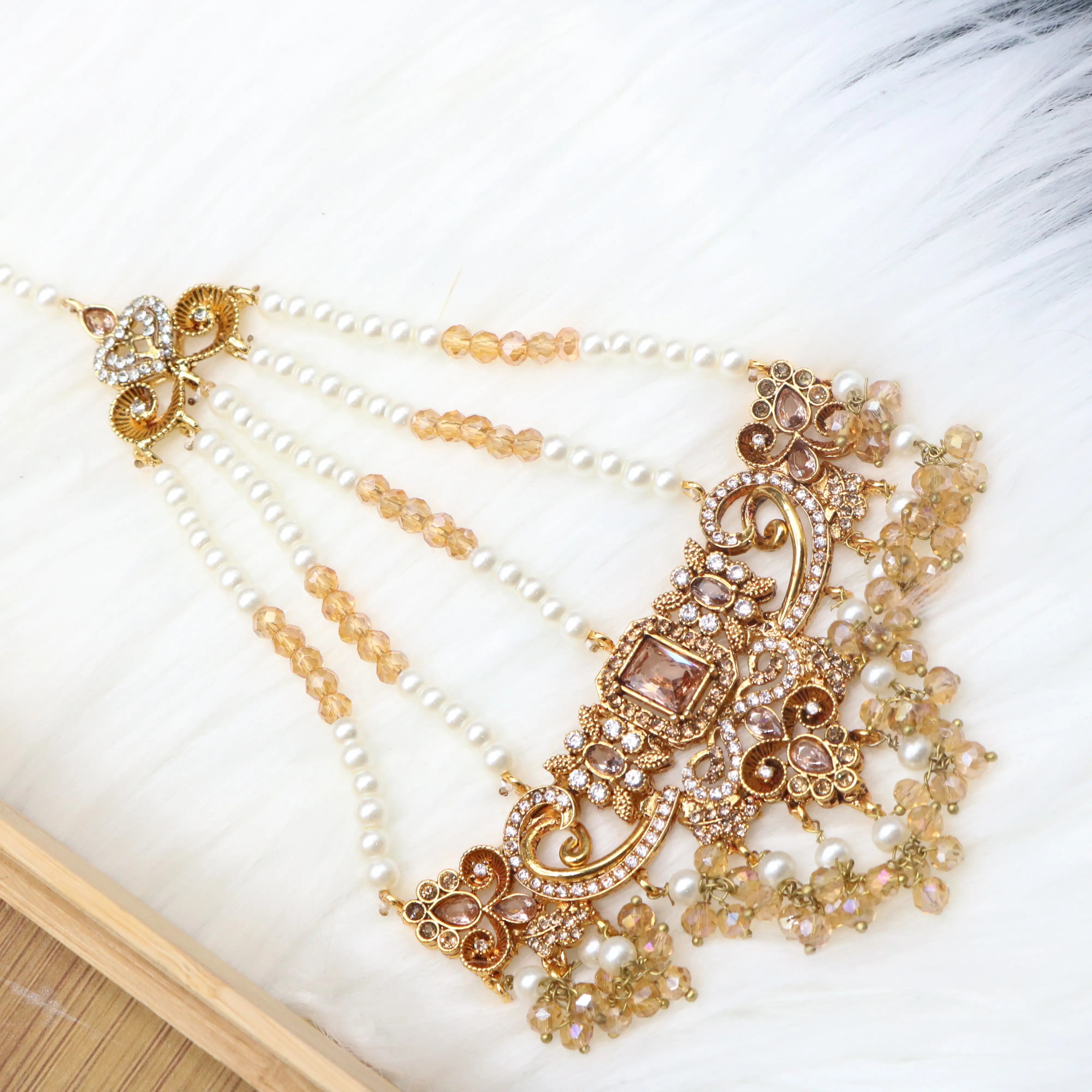 another view of jjhoomer of Champagne gold bridal necklace set with earrings, teeka & jhoomer in stainless steel