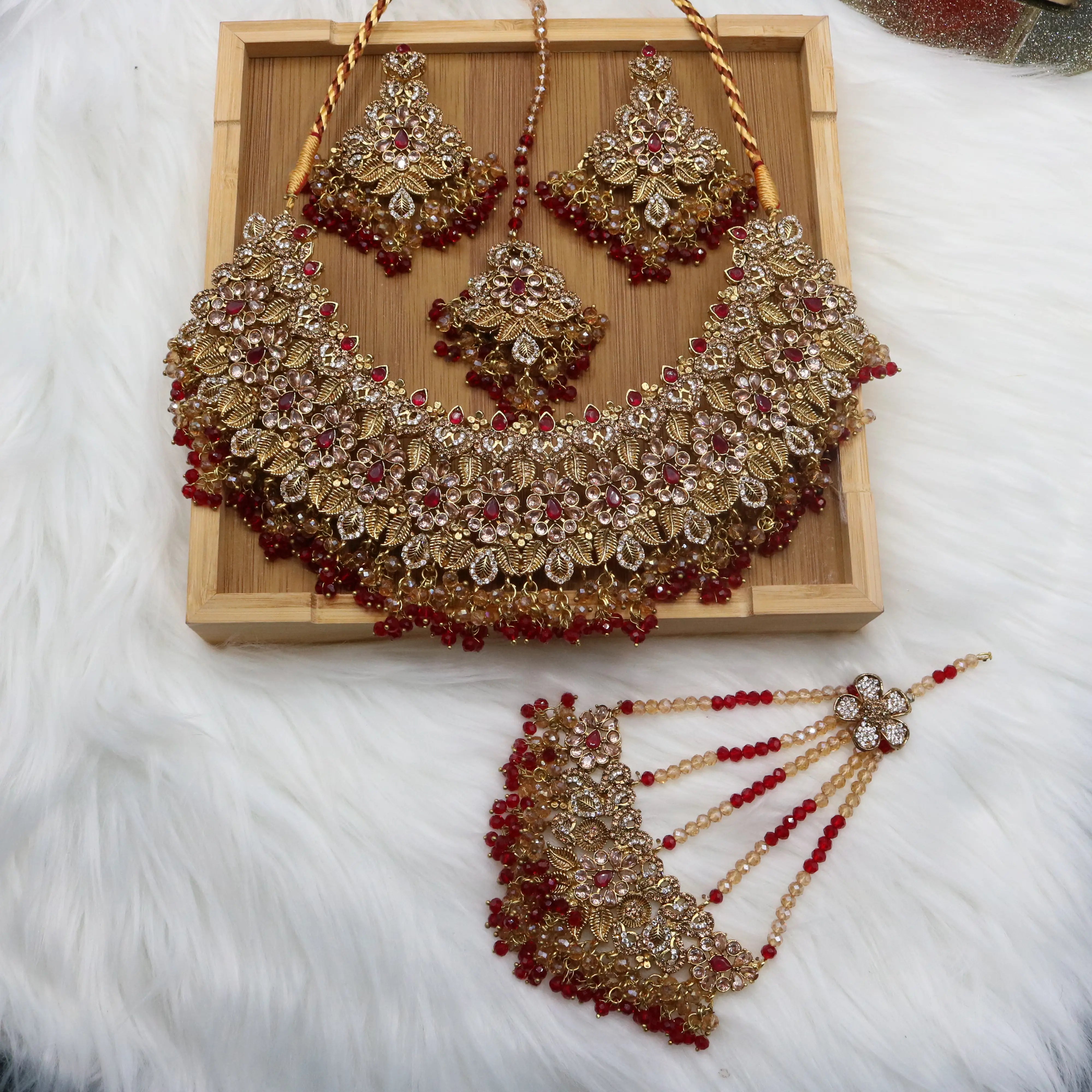 Red floral bridal necklace set with earrings, teeka & jhoomer in stainless steel