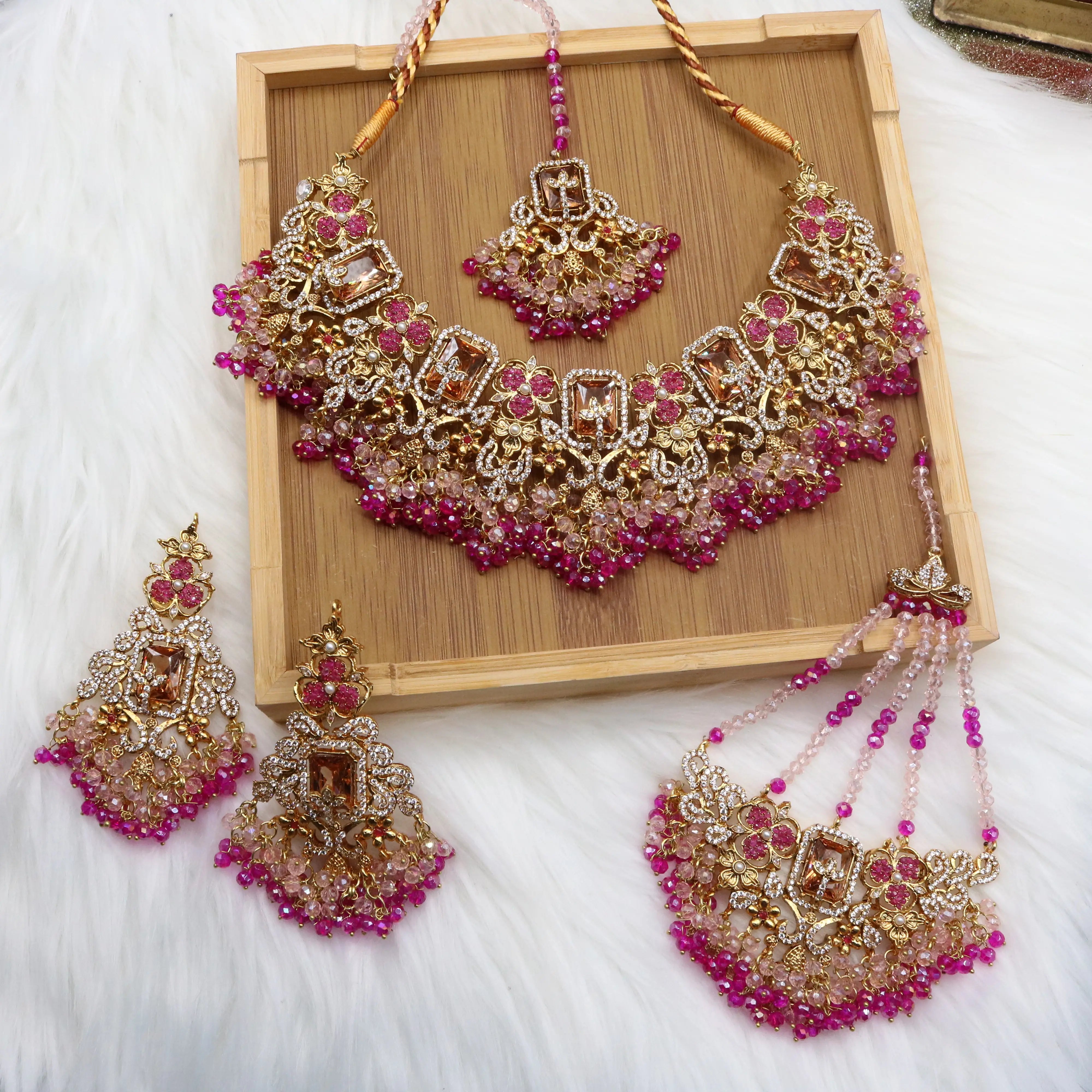 Pakistani bridal necklace set with hot pink beads and American diamonds