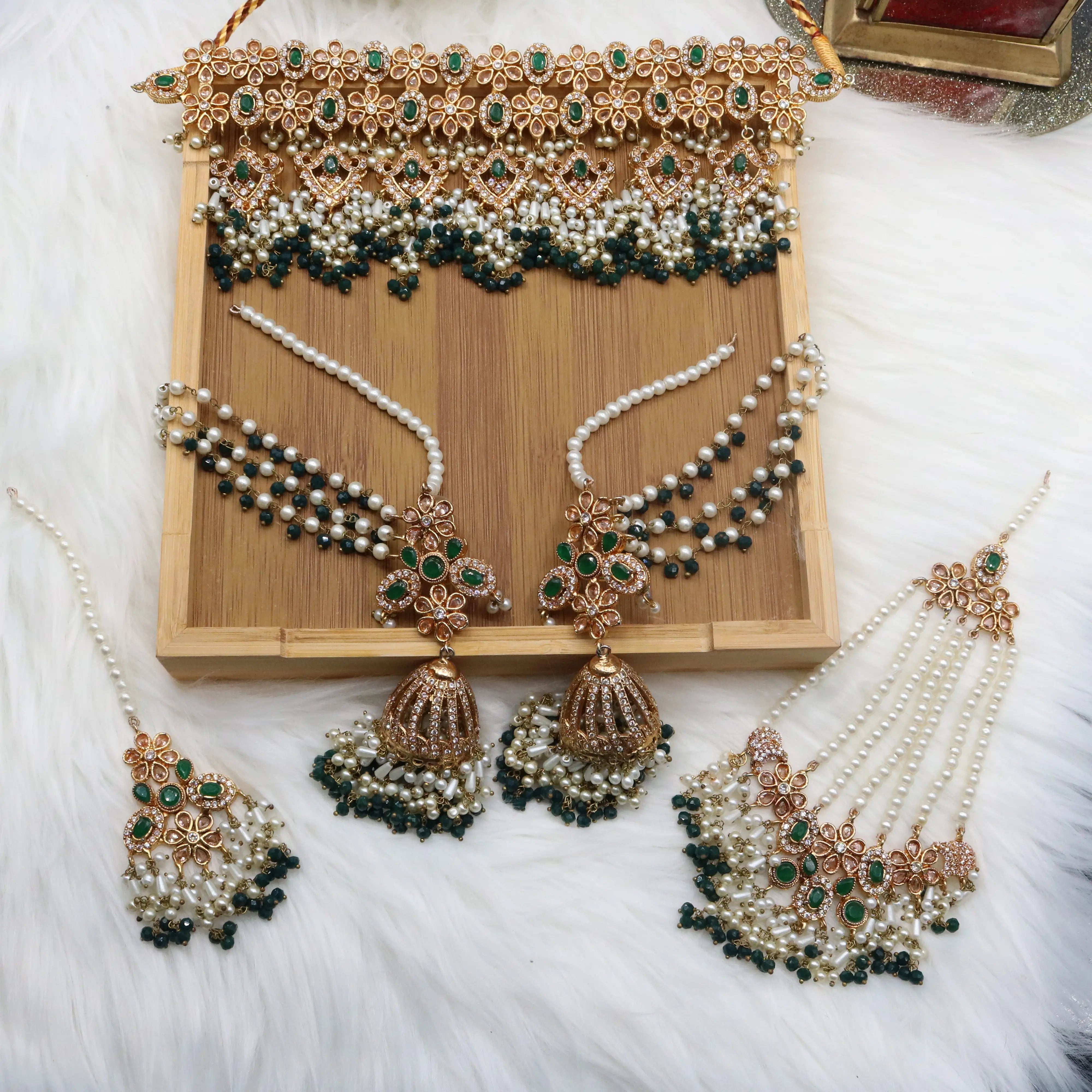 Gold-plated Pakistani bridal choker set with green stones and pearls