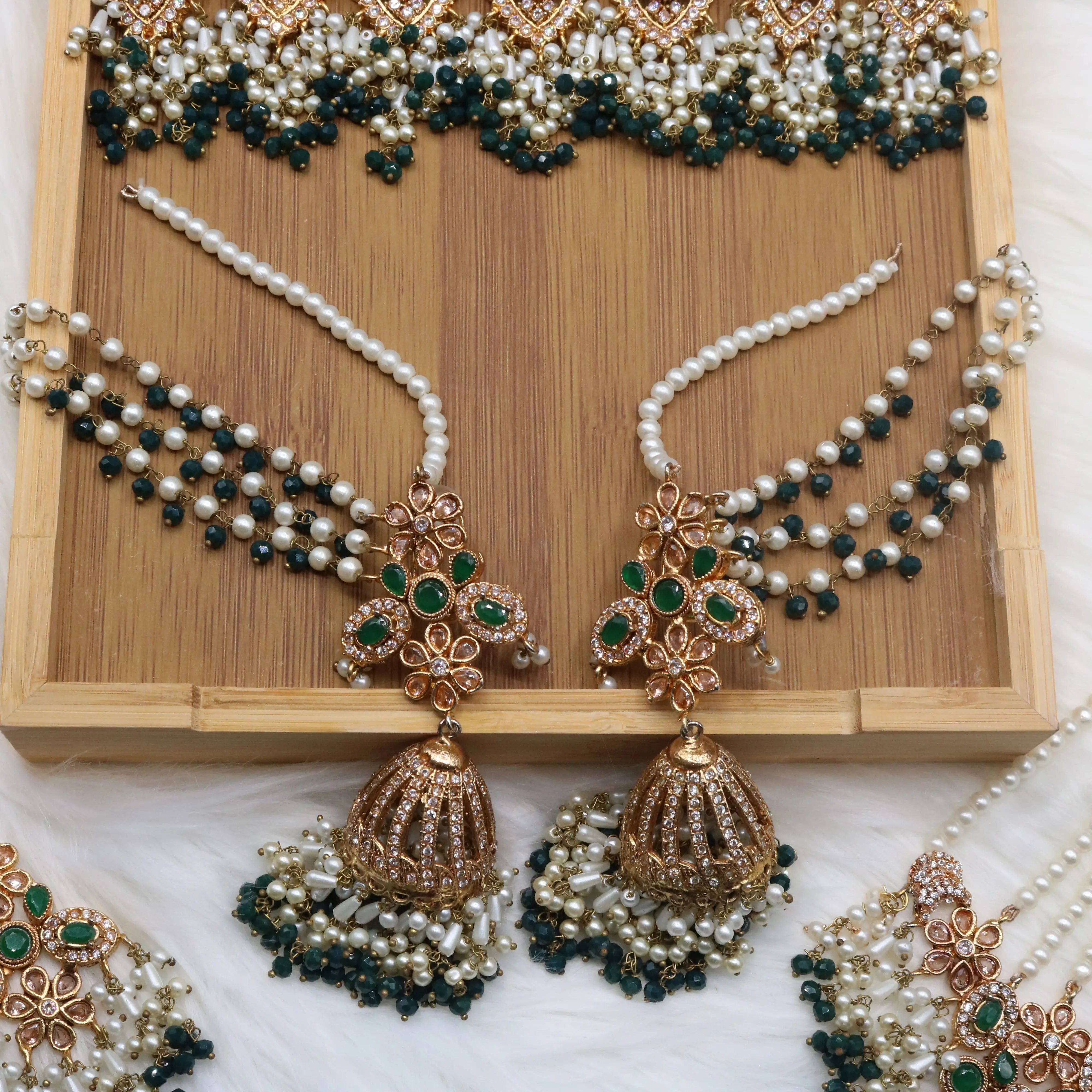 jhumkas view of Emerald bridal choker necklace with jhumka sahara earrings, teeka & jhoomer