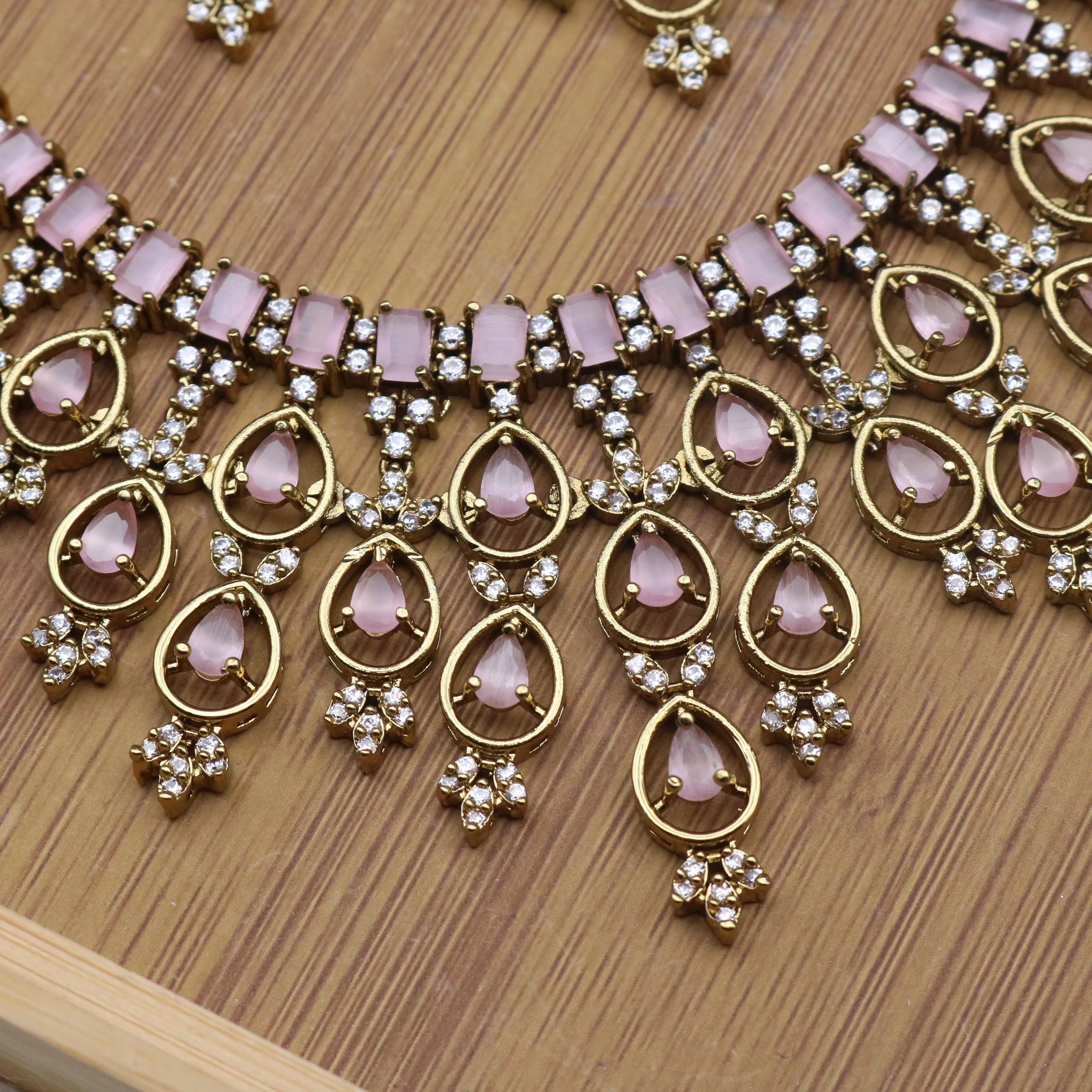 necklace view of Partywear necklace set with pink stones and American diamonds