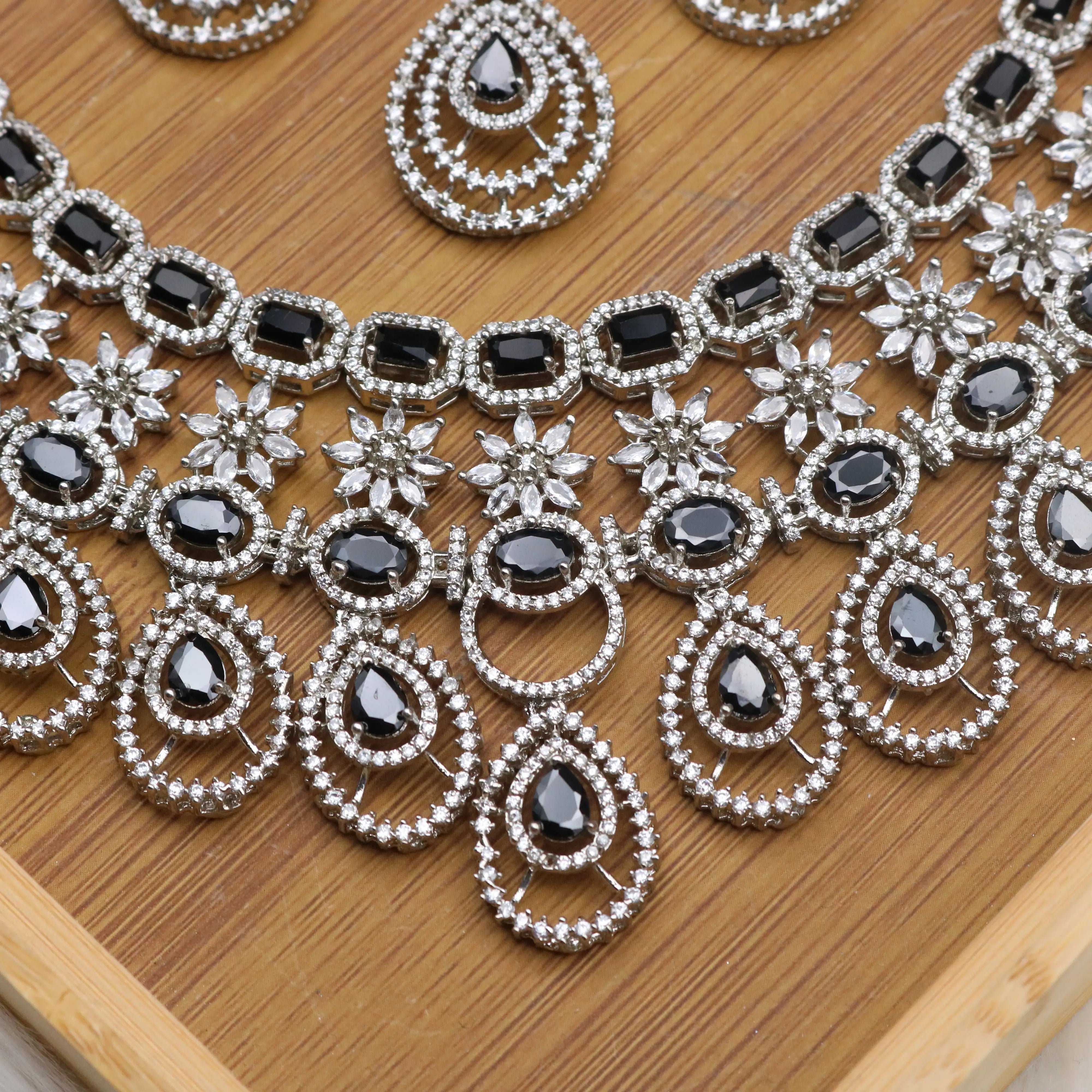 necklace view of Partywear necklace set in black stones and American diamonds