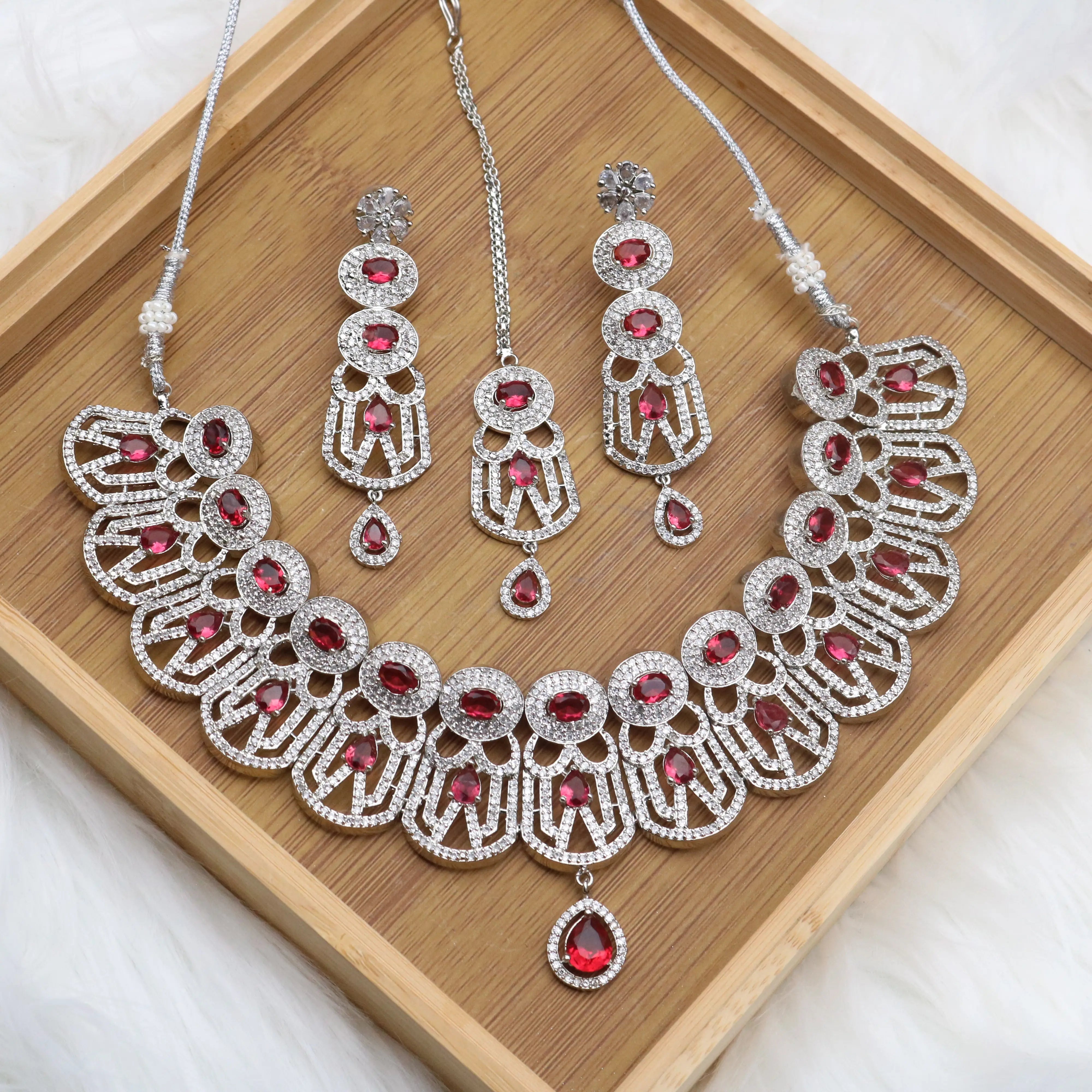 JV118 - Red Stone Partywear Necklace Set with Earrings & Teeka – Silver Finish
