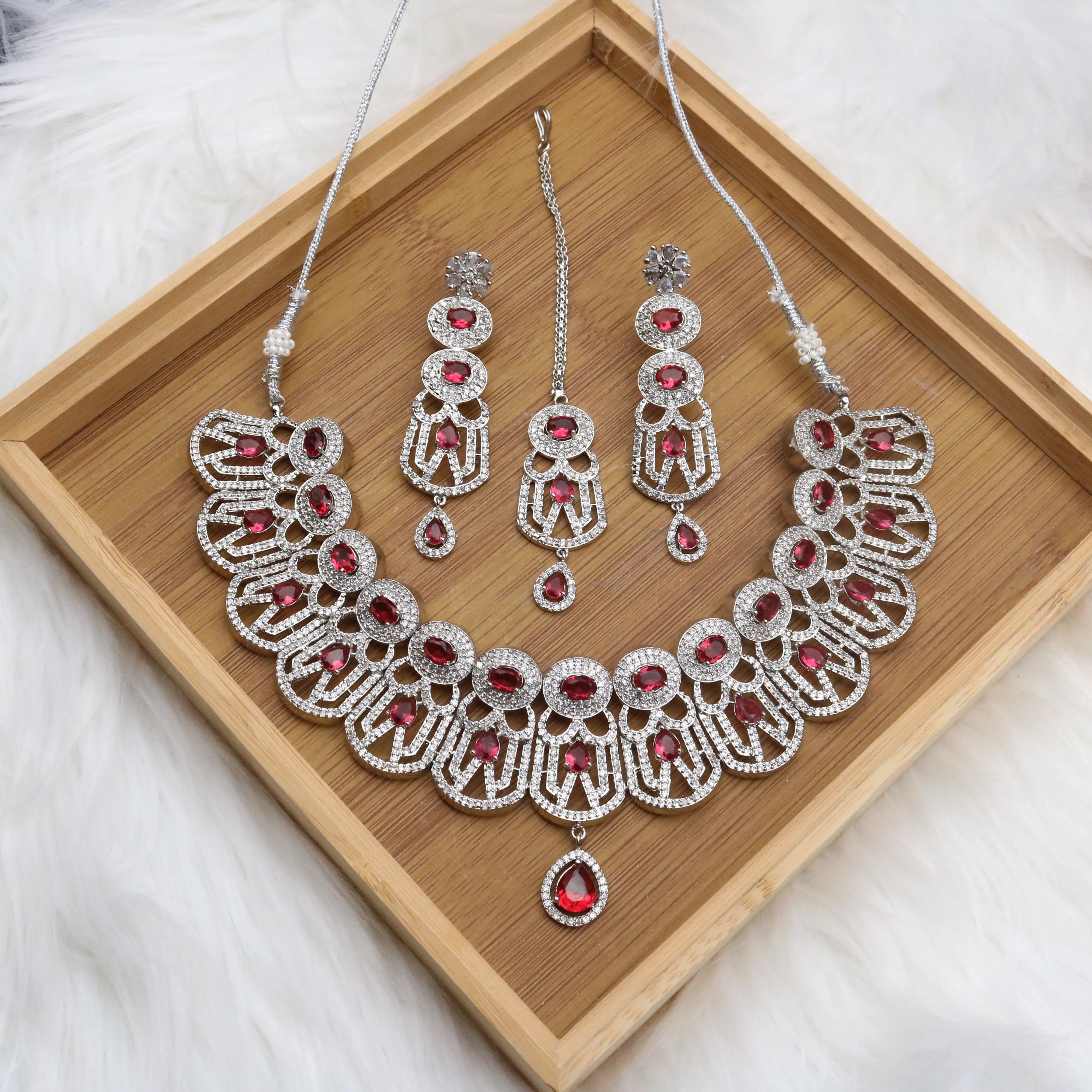 JV118 - Red Stone Partywear Necklace Set with Earrings & Teeka – Silver Finish
