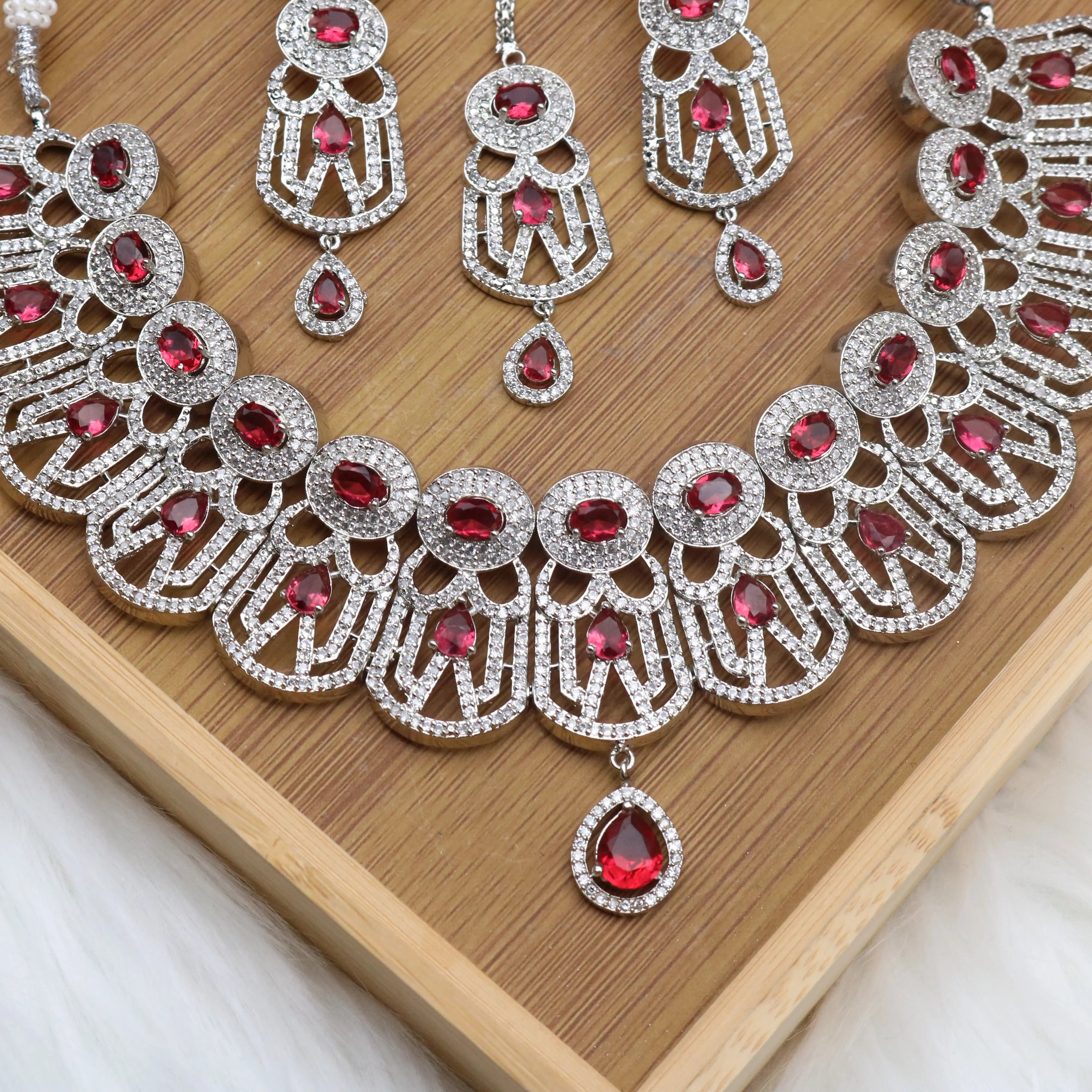 JV118 - Red Stone Partywear Necklace Set with Earrings & Teeka – Silver Finish