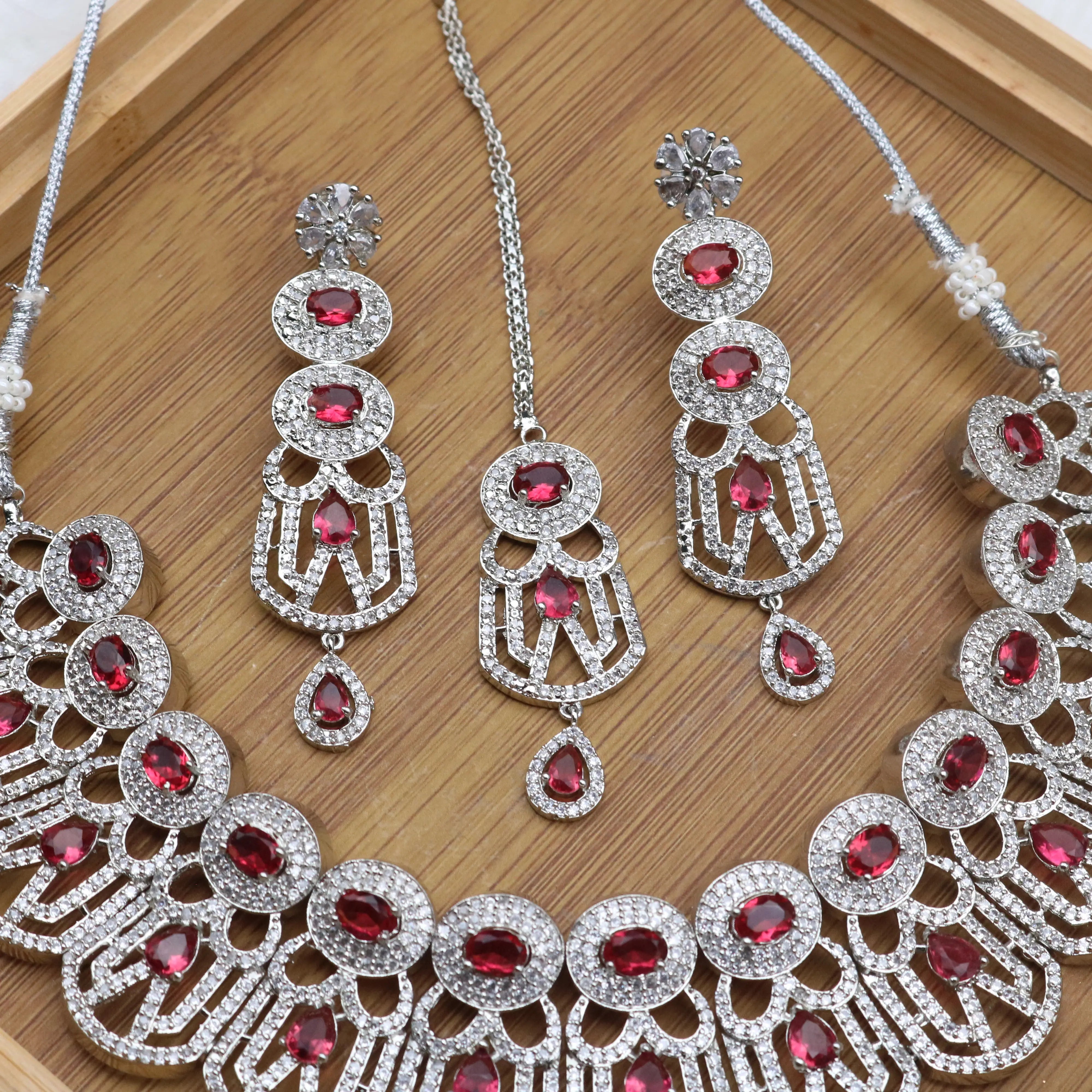 JV118 - Red Stone Partywear Necklace Set with Earrings & Teeka – Silver Finish
